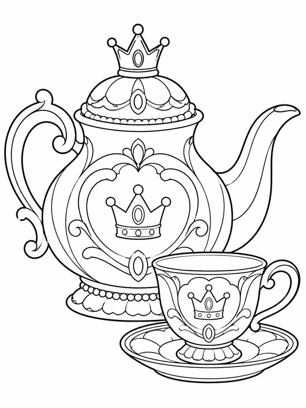 Ornate outlined teapot with a crown-shaped lid knob beside a matching crown-decorated teacup on a saucer.