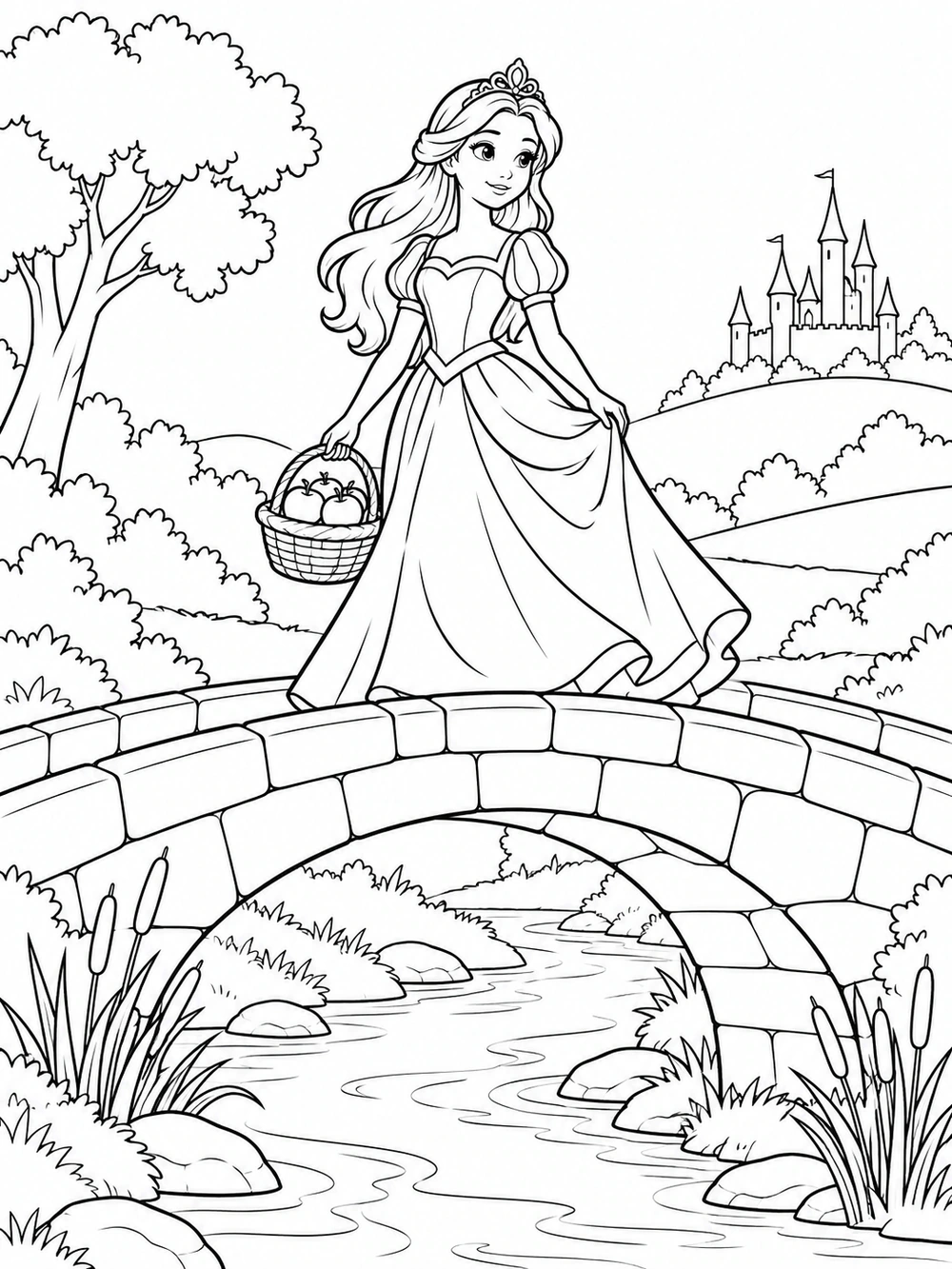 Black-and-white coloring page of a princess carrying a basket of apples across an arched stone bridge above a winding stream, with reeds along the banks.