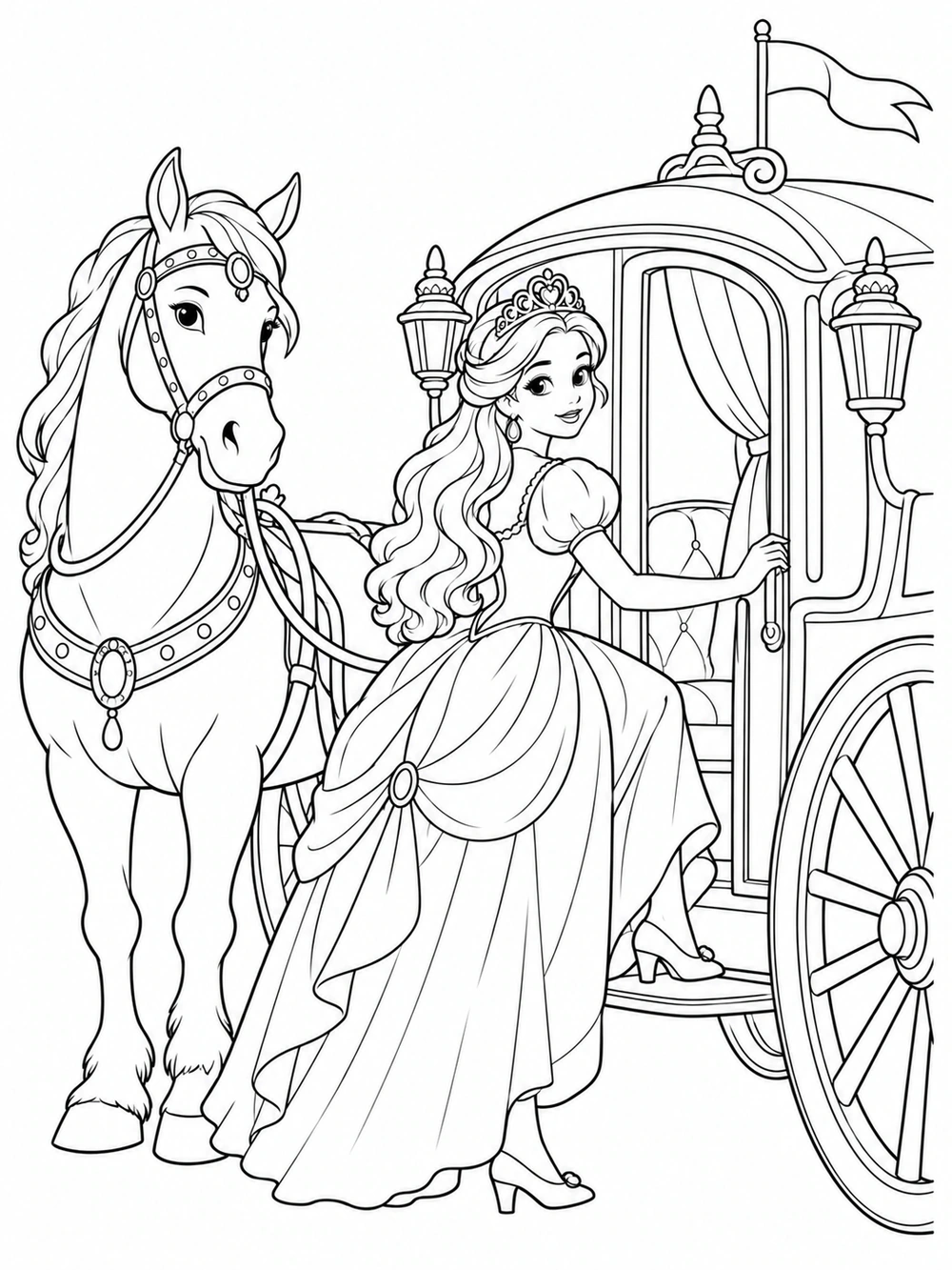 Princess stepping into an ornate carriage beside a bridled horse, with a pennant above and large carriage wheel spokes.