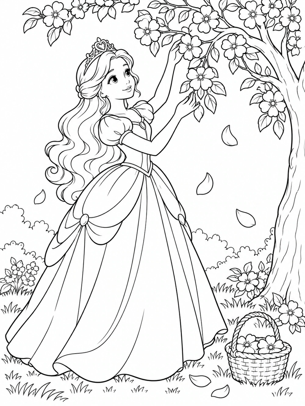 A princess reaches for blossoms beneath a flowering tree, with a flower basket at her feet and petals drifting around her gown.
