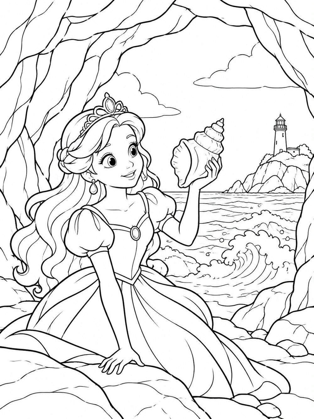 Princess holding a large shell inside a seaside cave, with waves and a lighthouse outside