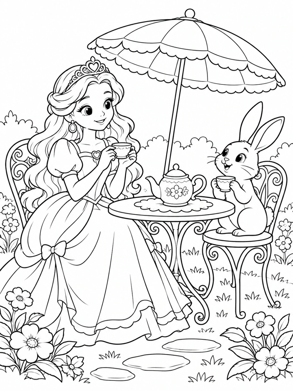 Princess and rabbit sharing tea at a garden table beneath a large parasol, surrounded by flowers.