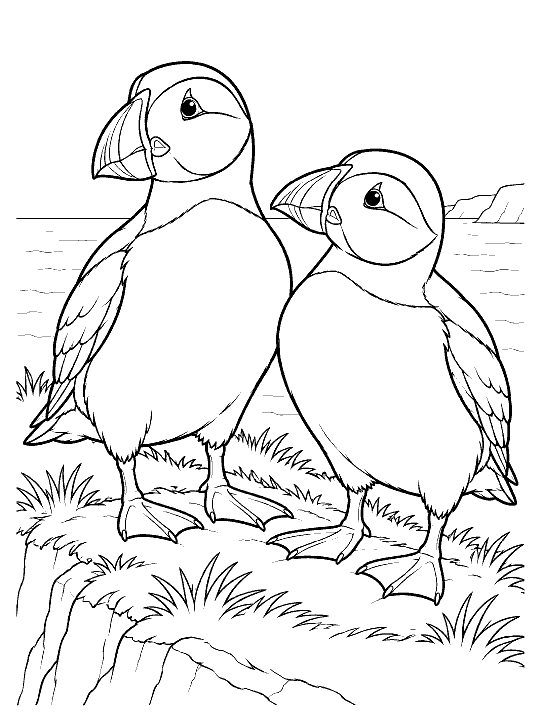 Two outlined puffins standing together on a grassy sea cliff with the sea and distant cliffs behind them.