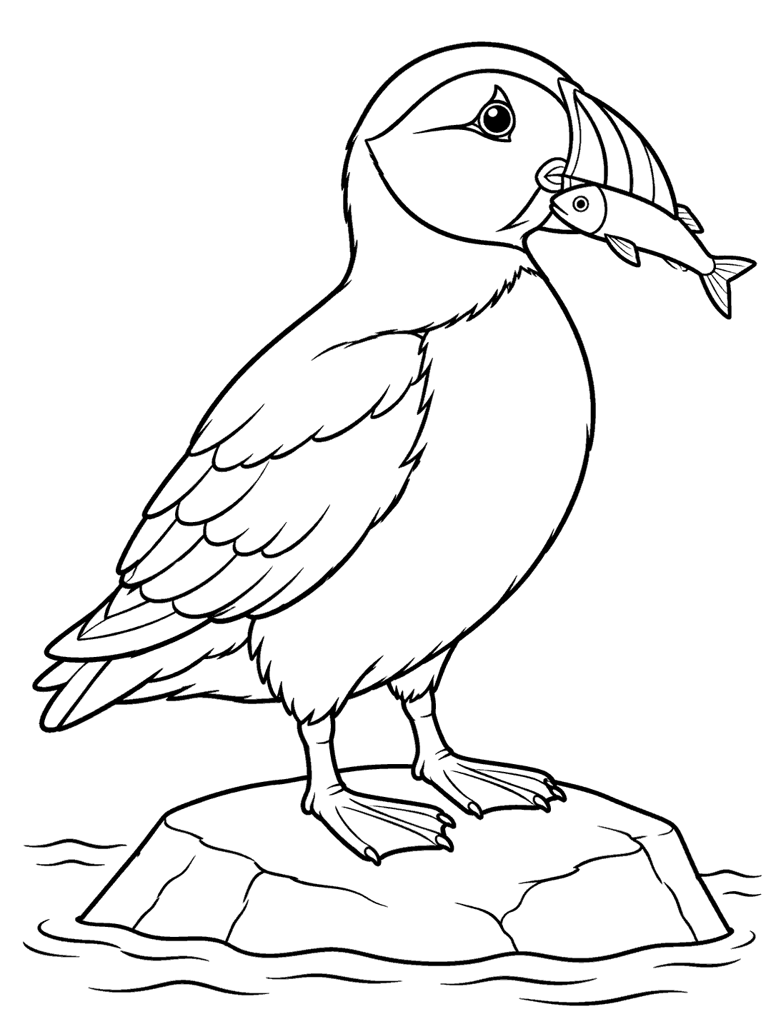 Black-and-white coloring page of a puffin holding a fish on a rock above short water lines