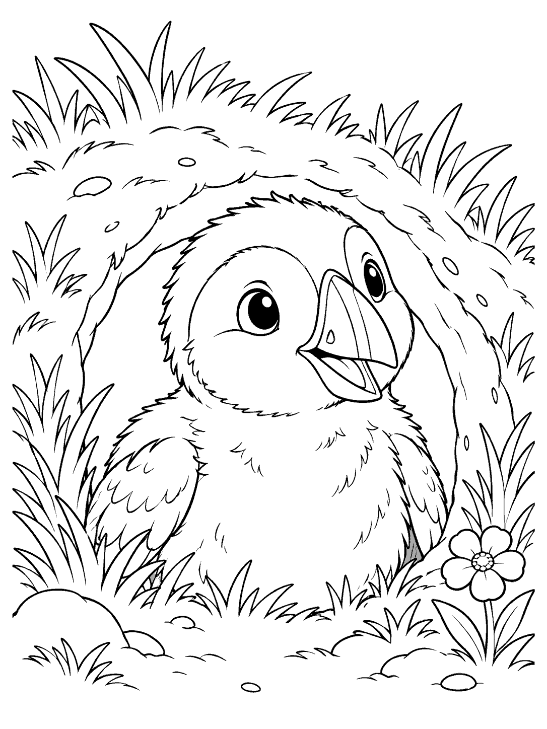 Black-and-white coloring page of a puffin chick peeking from a grassy burrow beside a flower.