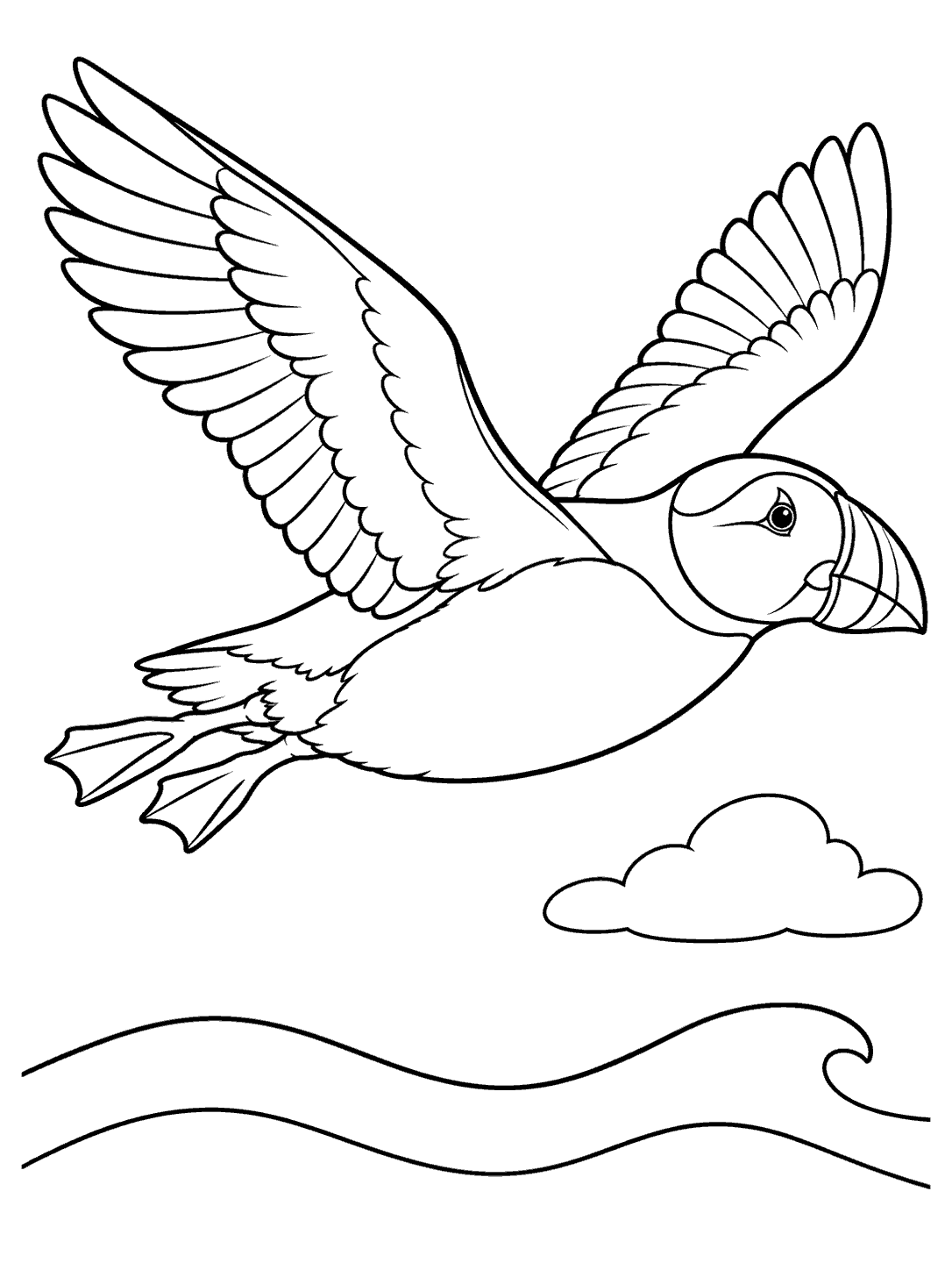 Puffin flying above ocean waves coloring page