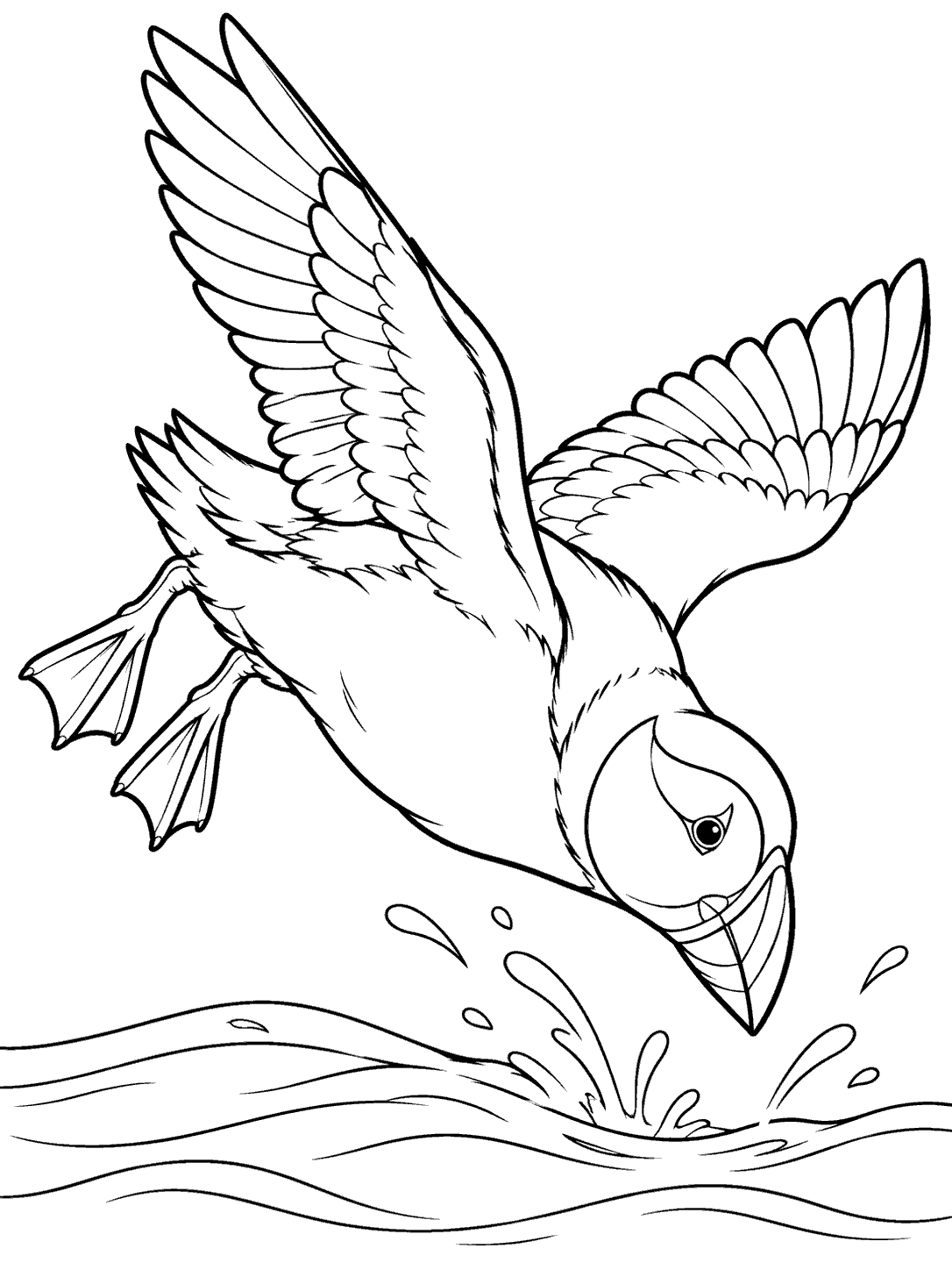 Puffin diving toward the sea coloring page