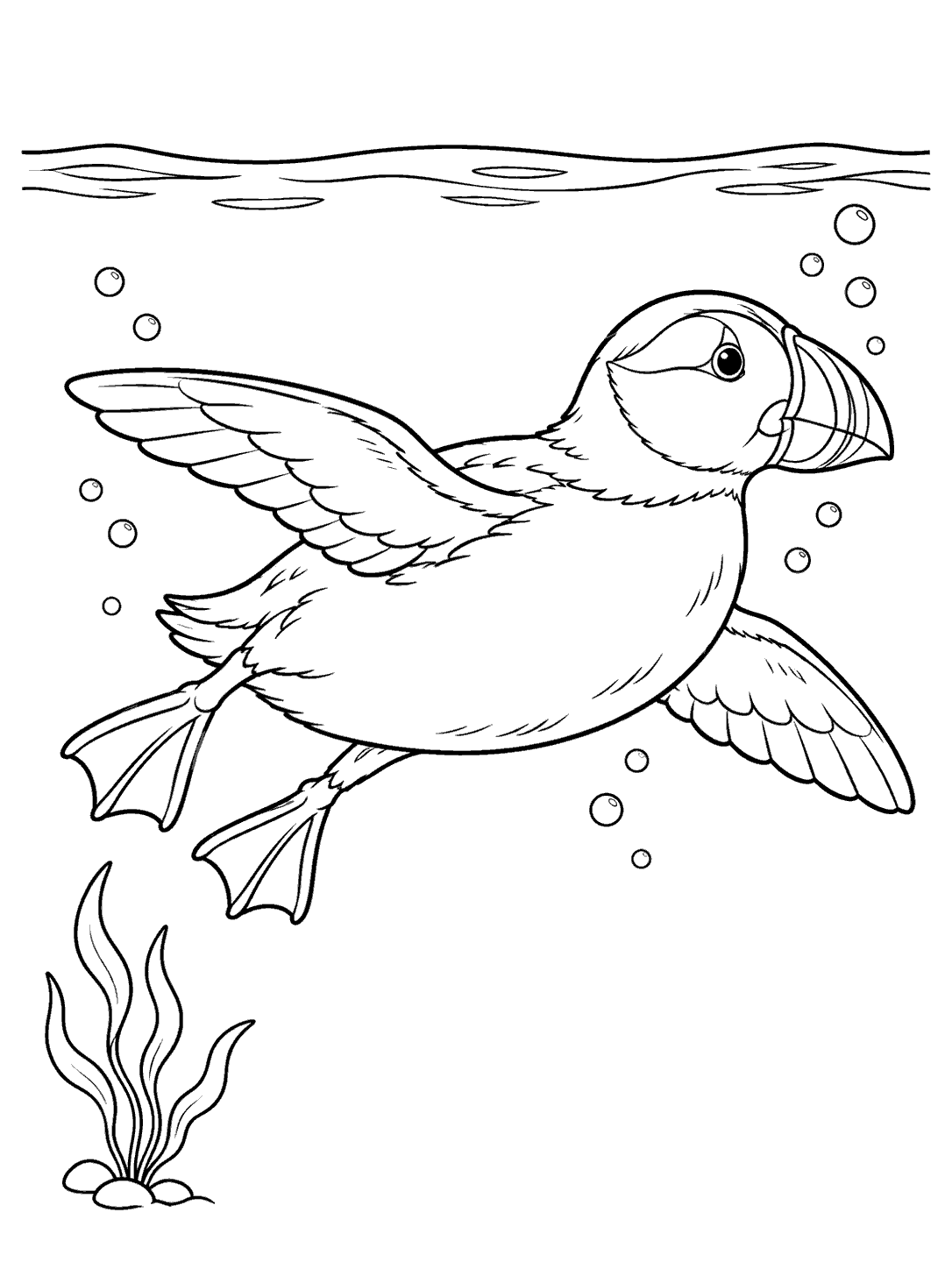 Puffin swimming underwater with bubbles coloring page