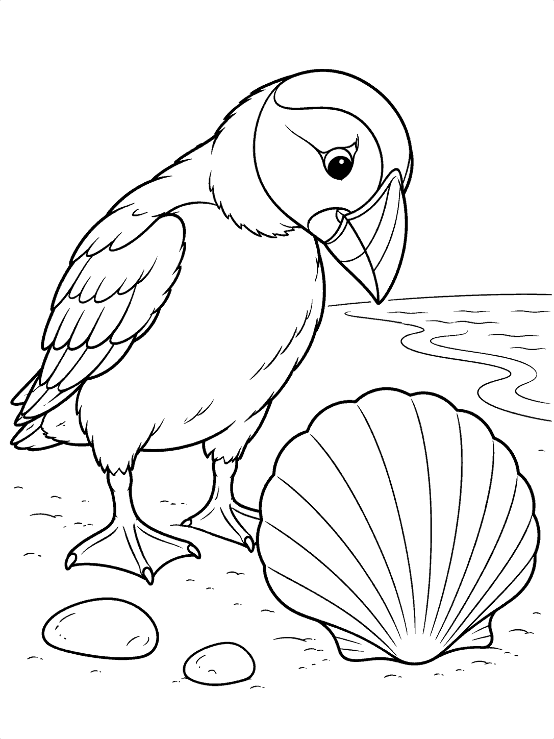 Black-outline puffin leaning toward an oversized ribbed scallop shell on a beach, with a shoreline and two pebbles.