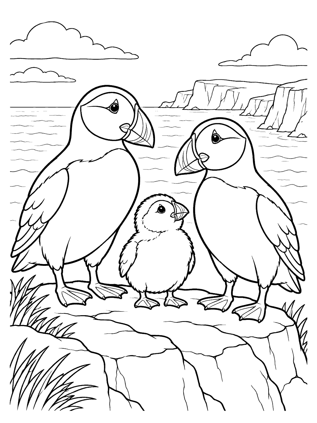Two adult puffins with a smaller chick between them on a grassy rocky ledge, with coastal cliffs and water in the background.