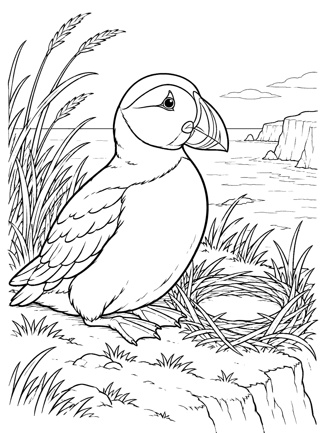 Black and white coloring page showing one puffin beside a simple nest among tall sea grass on a seaside cliff