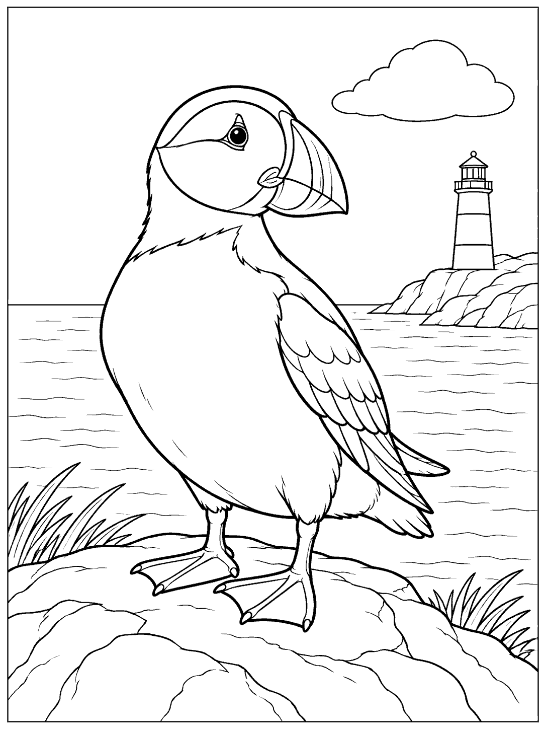Puffin on a coastal rock with a distant lighthouse and cloud, printable coloring page