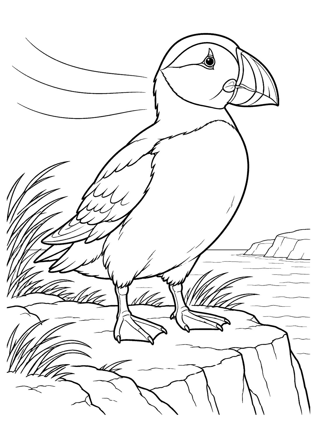 Black-and-white puffin coloring page with the bird standing on a cliff, grasses, and gentle wind lines