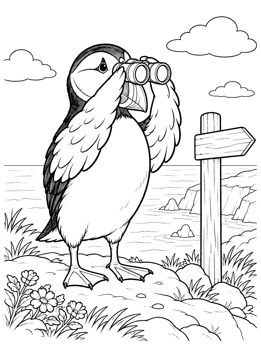 Puffin looking through binoculars beside a wooden trail marker, with coastal scenery and flowers, as a black-and-white coloring page.
