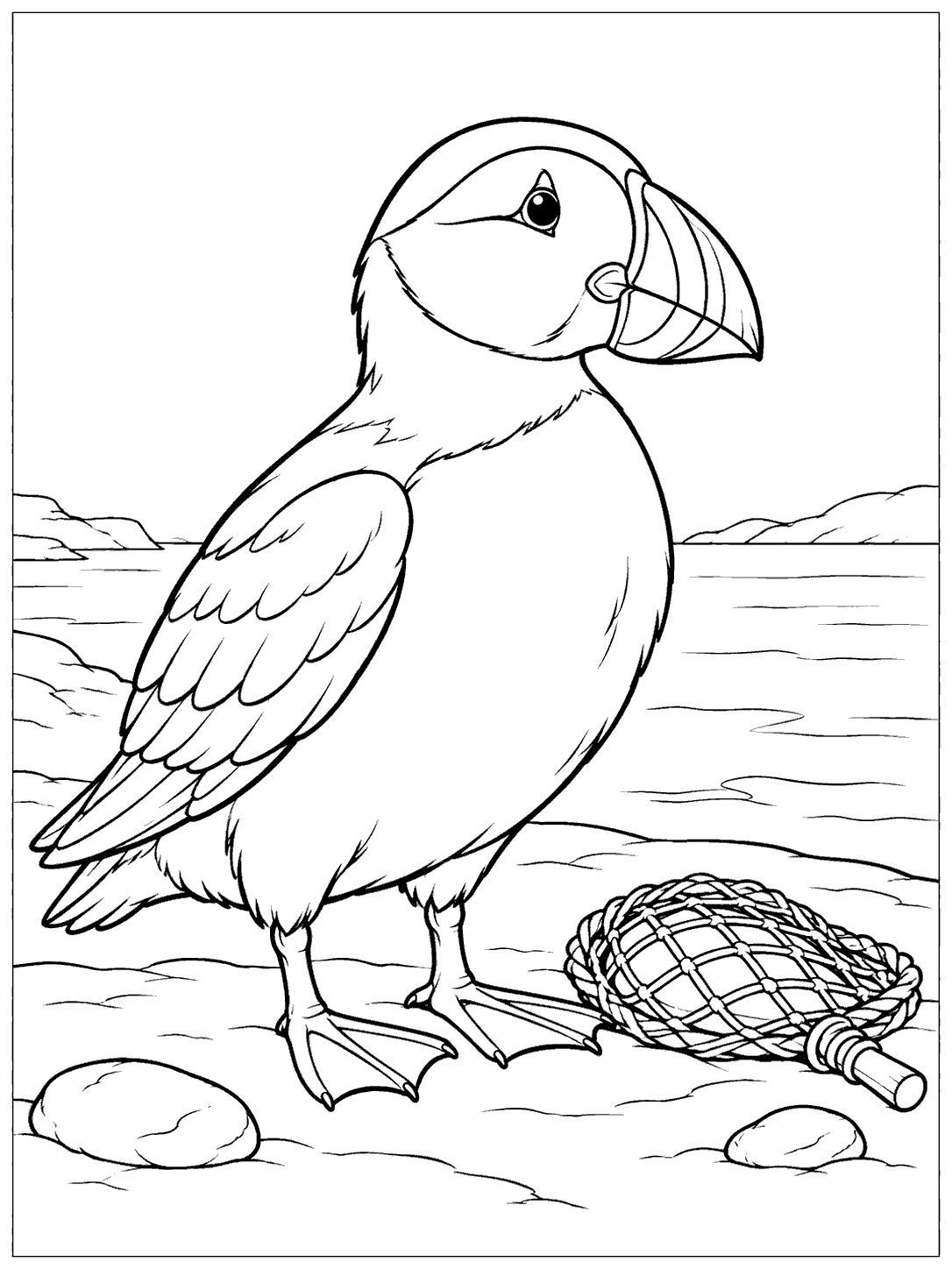 Puffin beside a folded fishing net on a shoreline coloring page