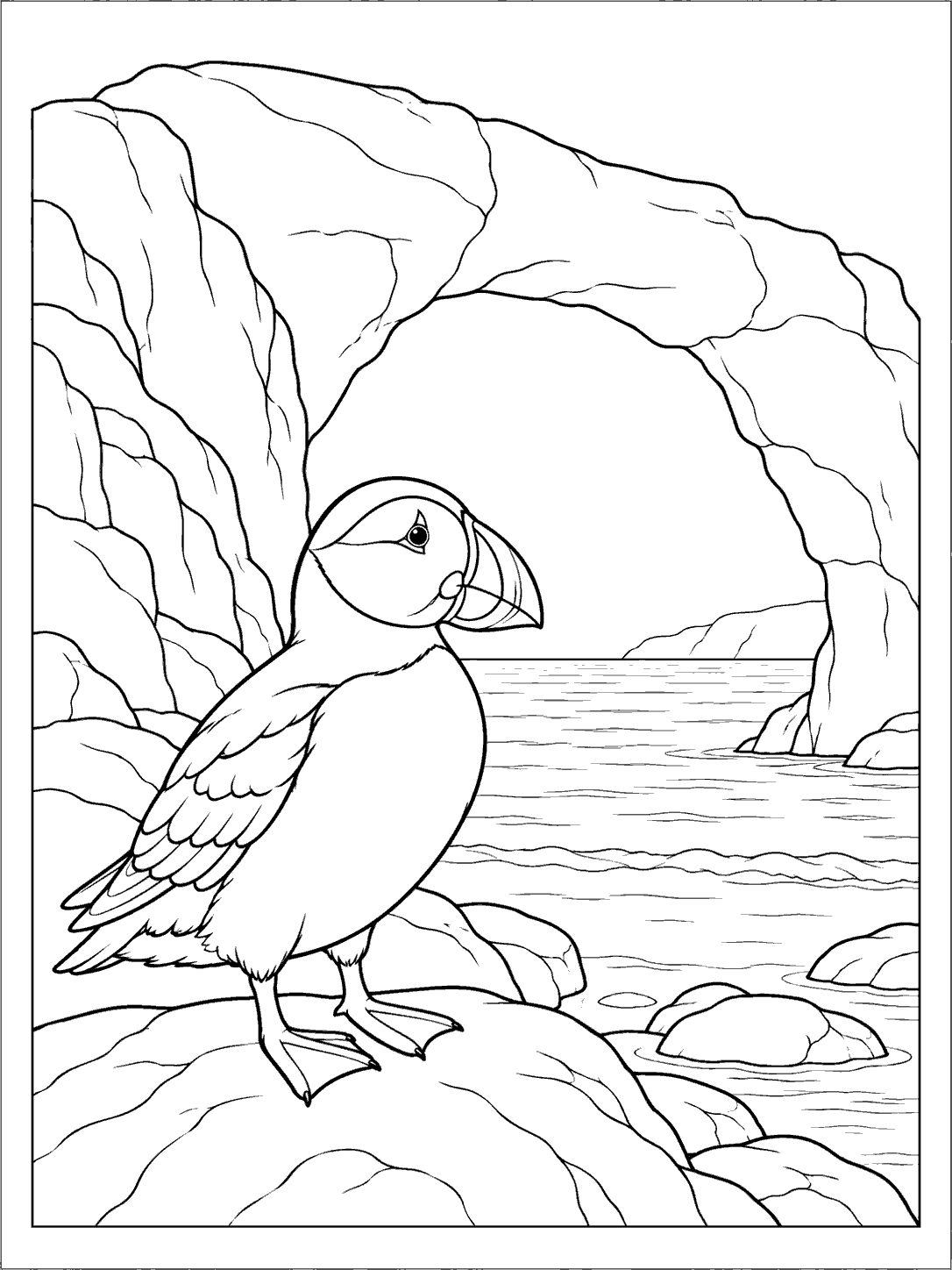 Puffin beneath a coastal rock arch coloring page