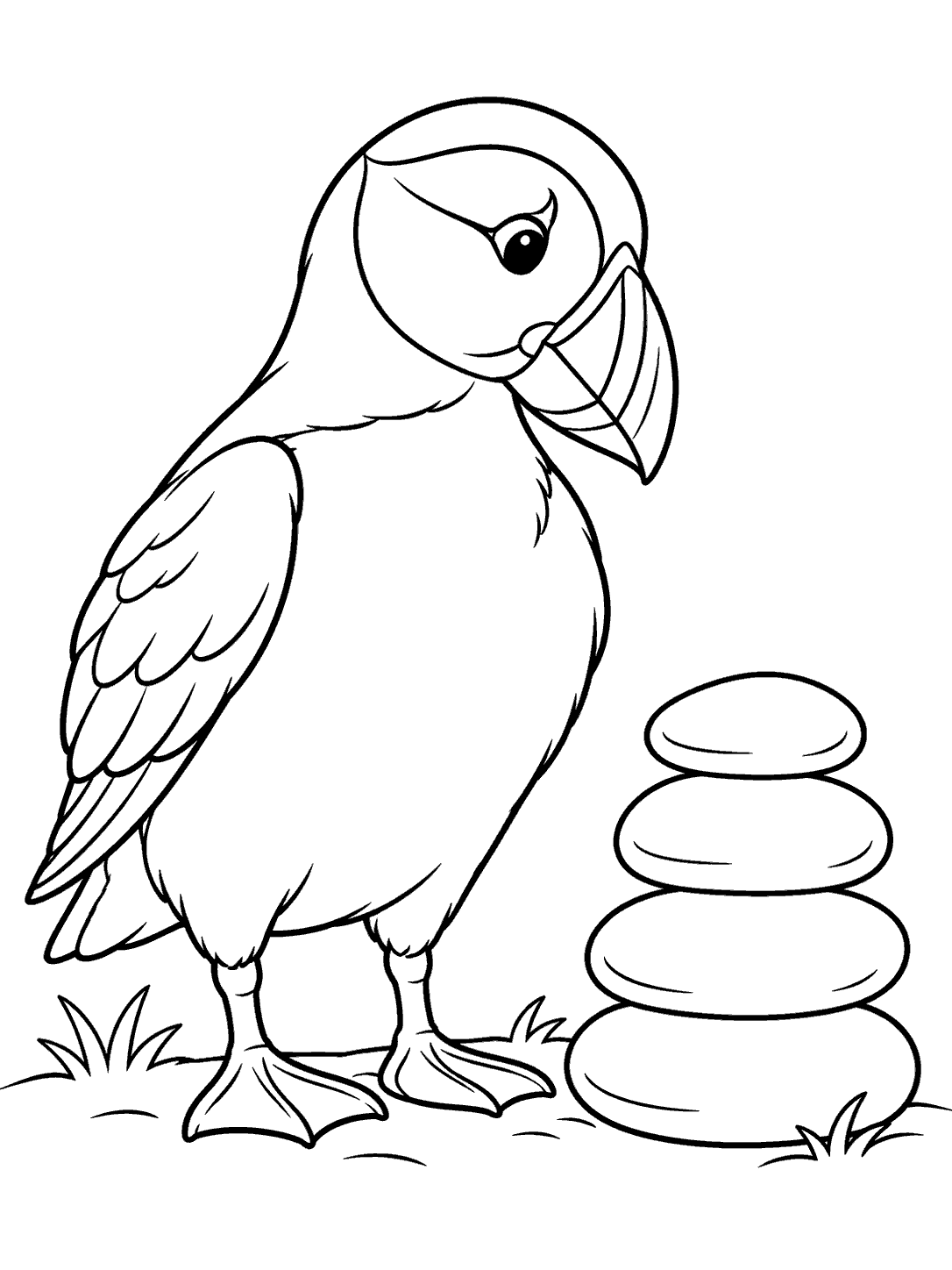 Puffin beside a stack of balanced pebbles coloring page