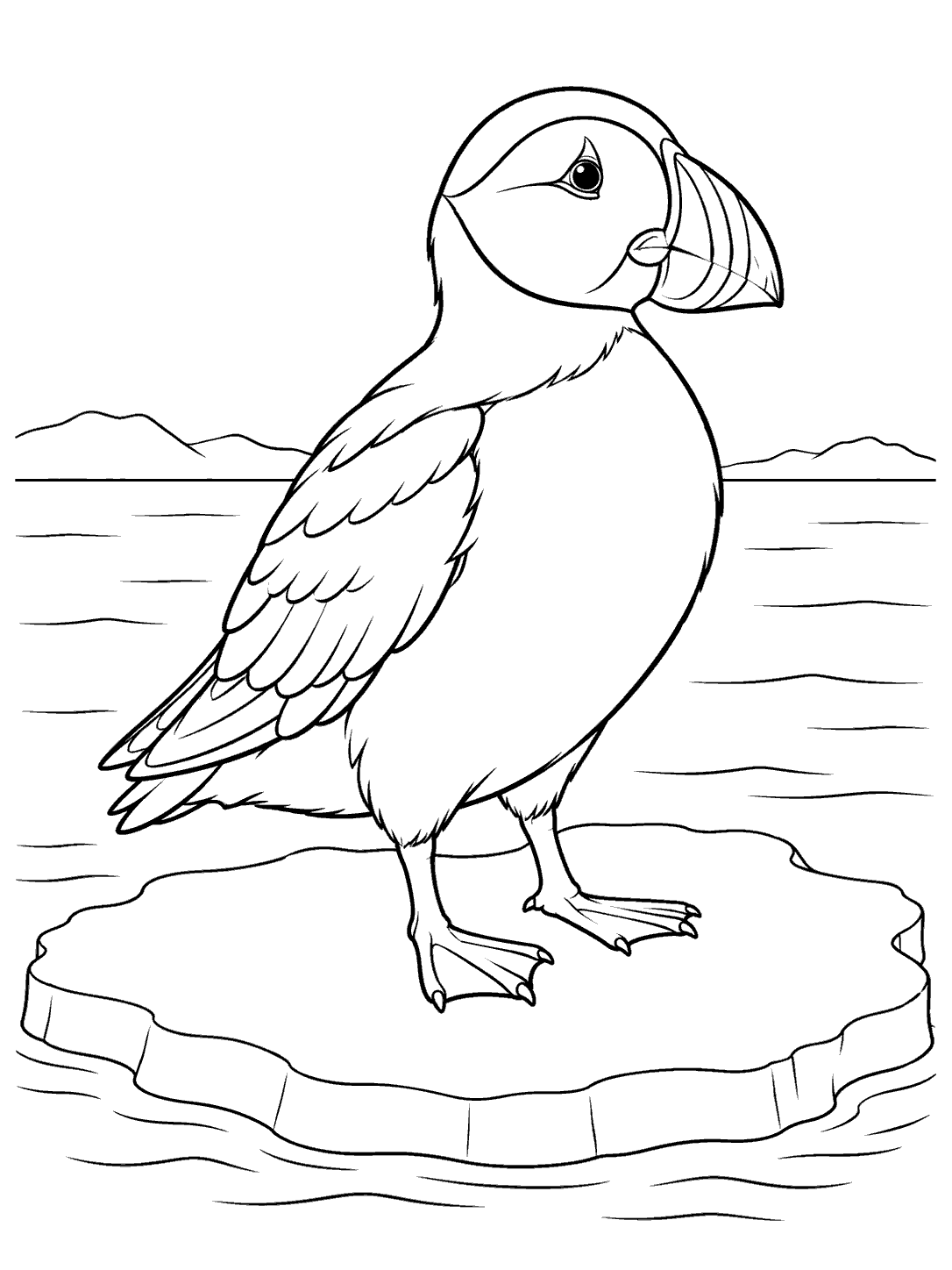 Black-and-white puffin standing on an ice floe in calm water, with a distant low horizon and open coloring areas.
