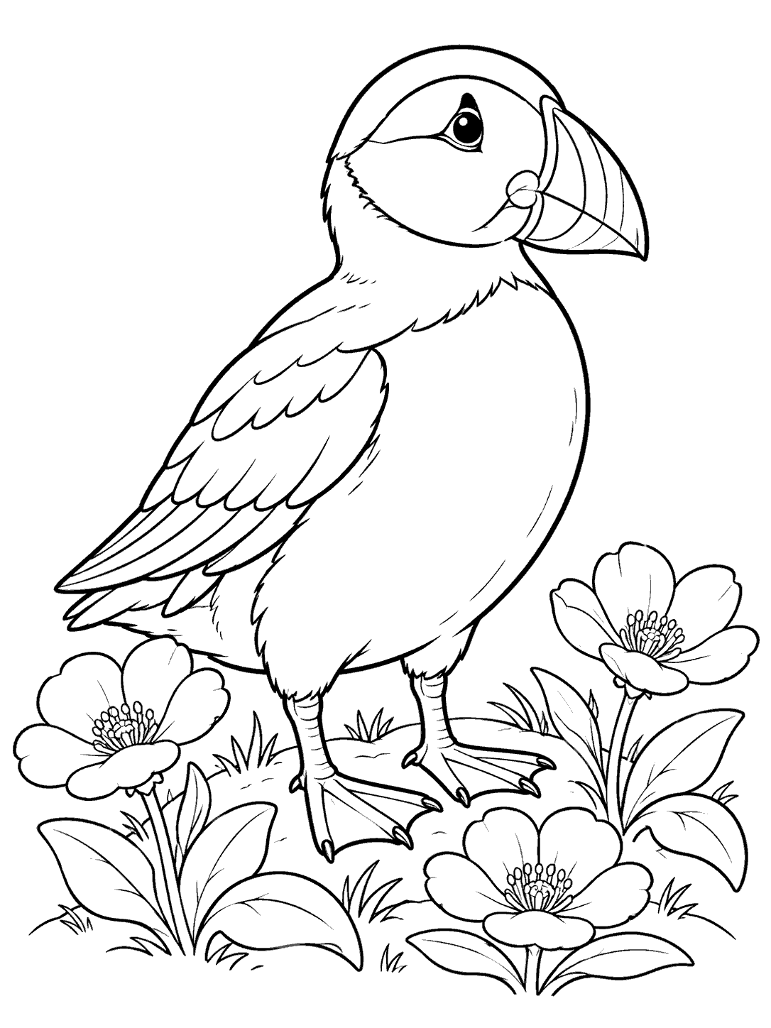 Printable puffin coloring page with a puffin standing among three flowers, broad leaves, and grass.