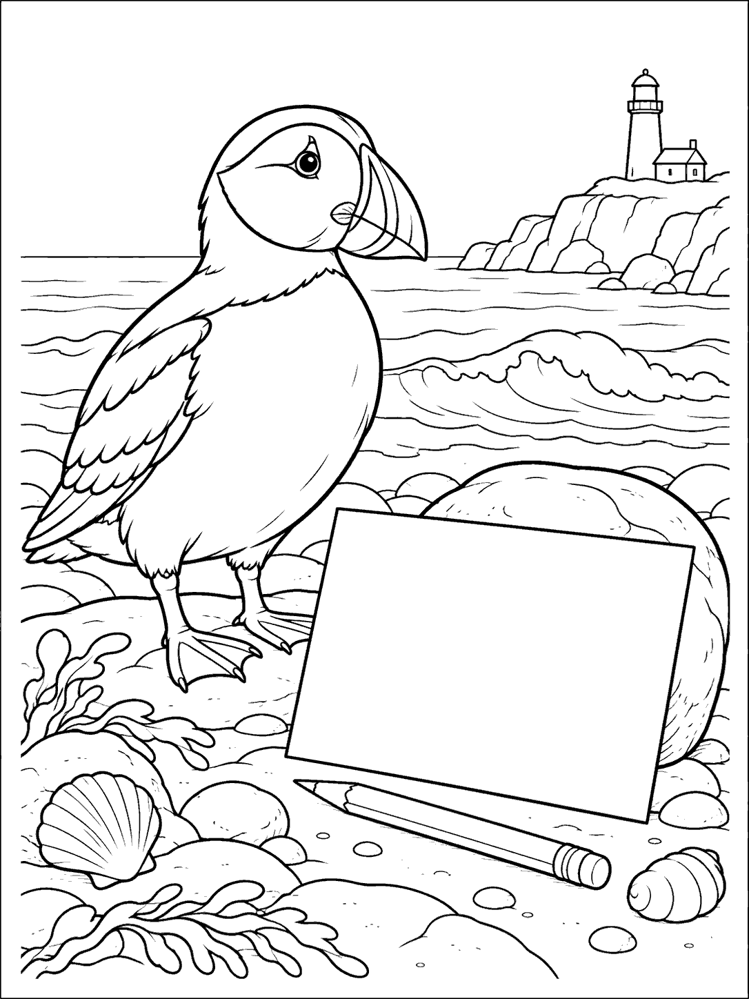 Black ink puffin coloring page with a blank postcard, pencil, waves, shells, rocks, and a distant lighthouse.