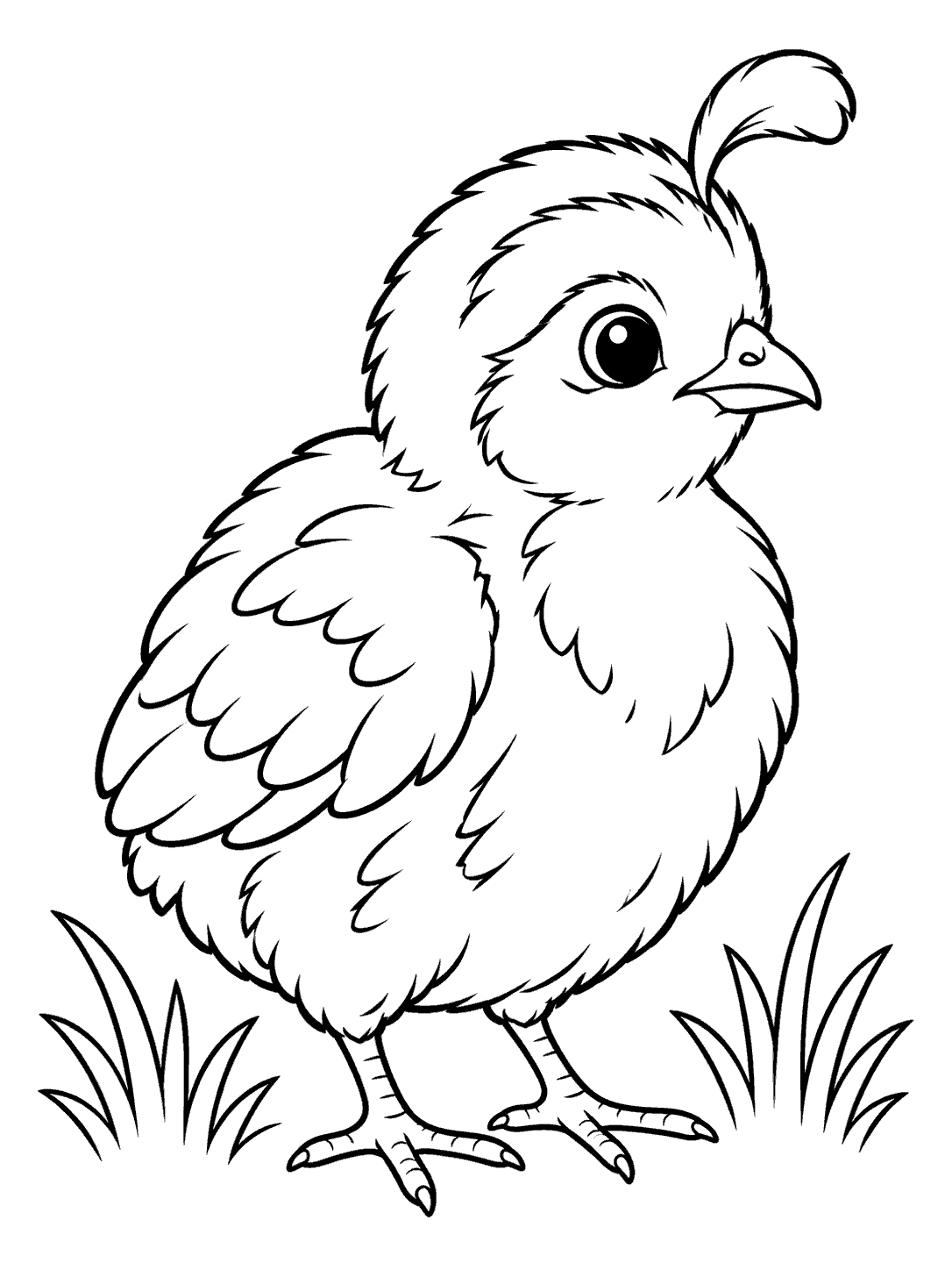A fluffy quail chick with a tall plume stands between two grass clumps in a clean black-outline coloring page.