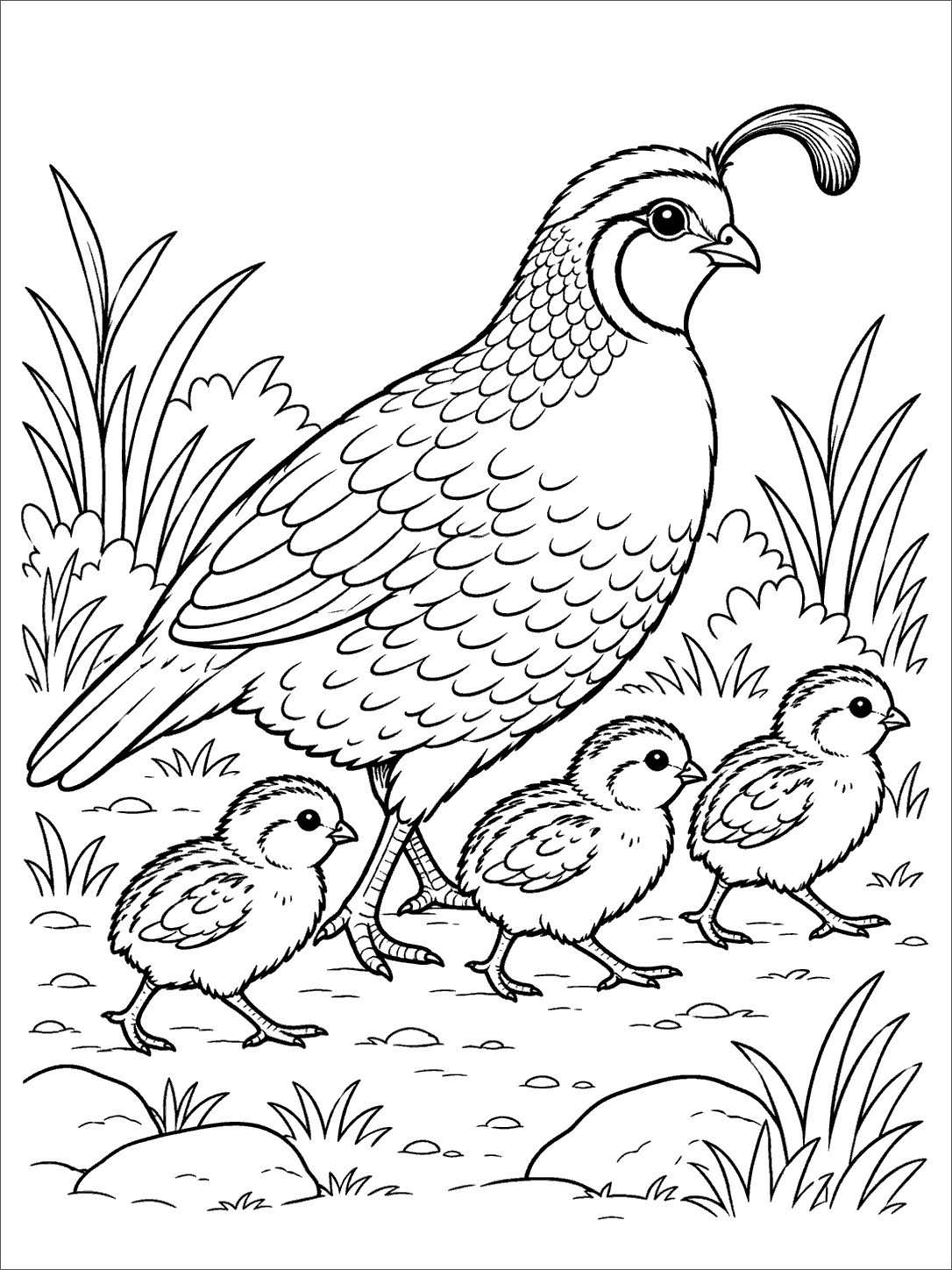 Adult quail walking beside three chicks among grass and rocks