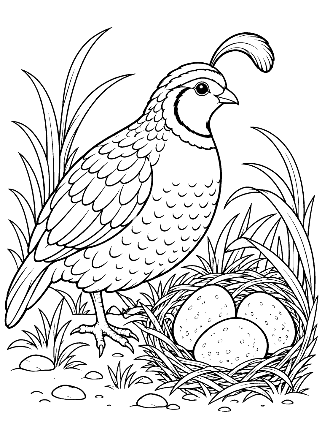 Black-outline coloring page of a crested quail beside a grassy nest with three eggs
