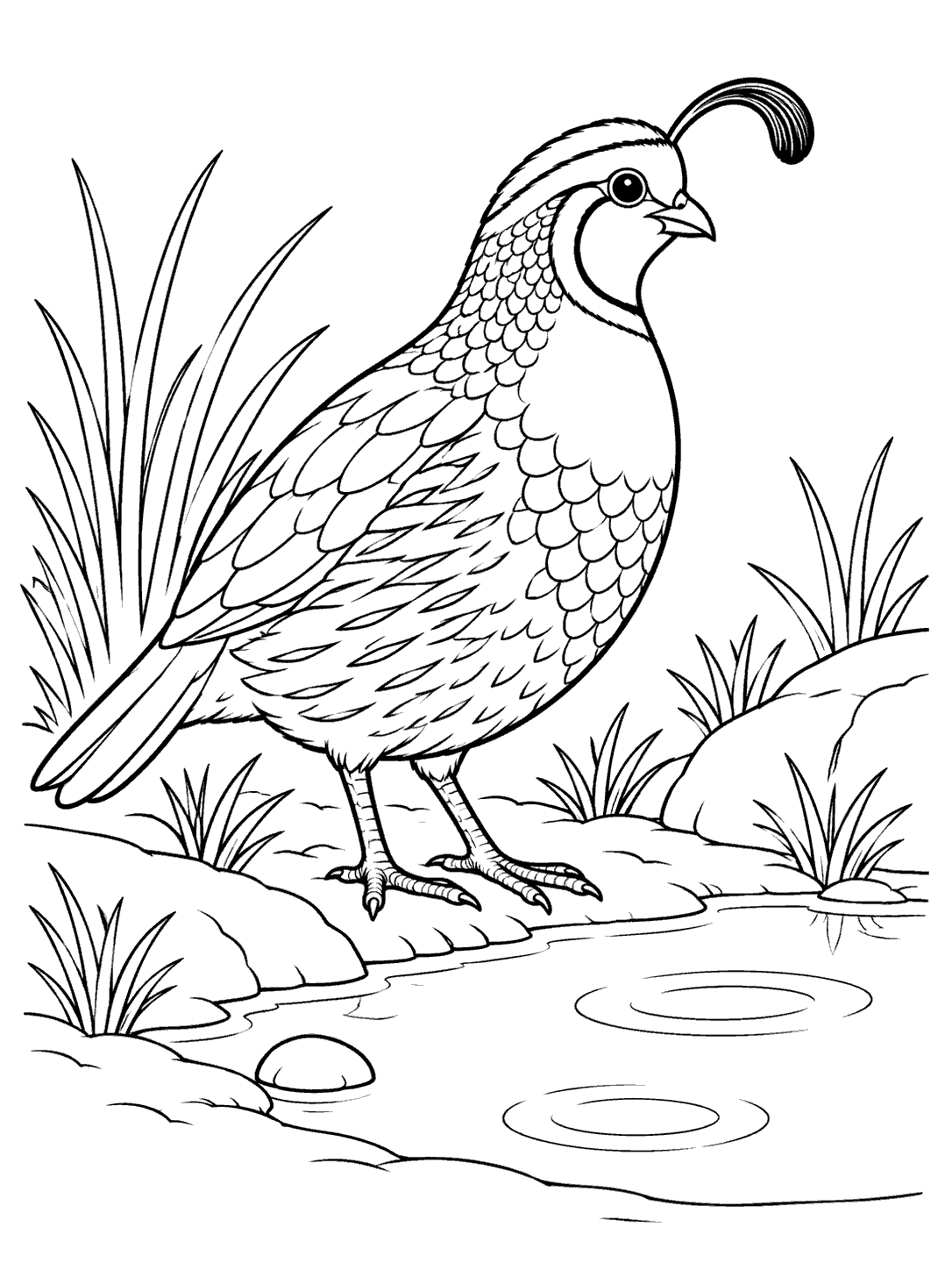 A crested quail stands beside a shallow pool with two water ripples and a pebble.
