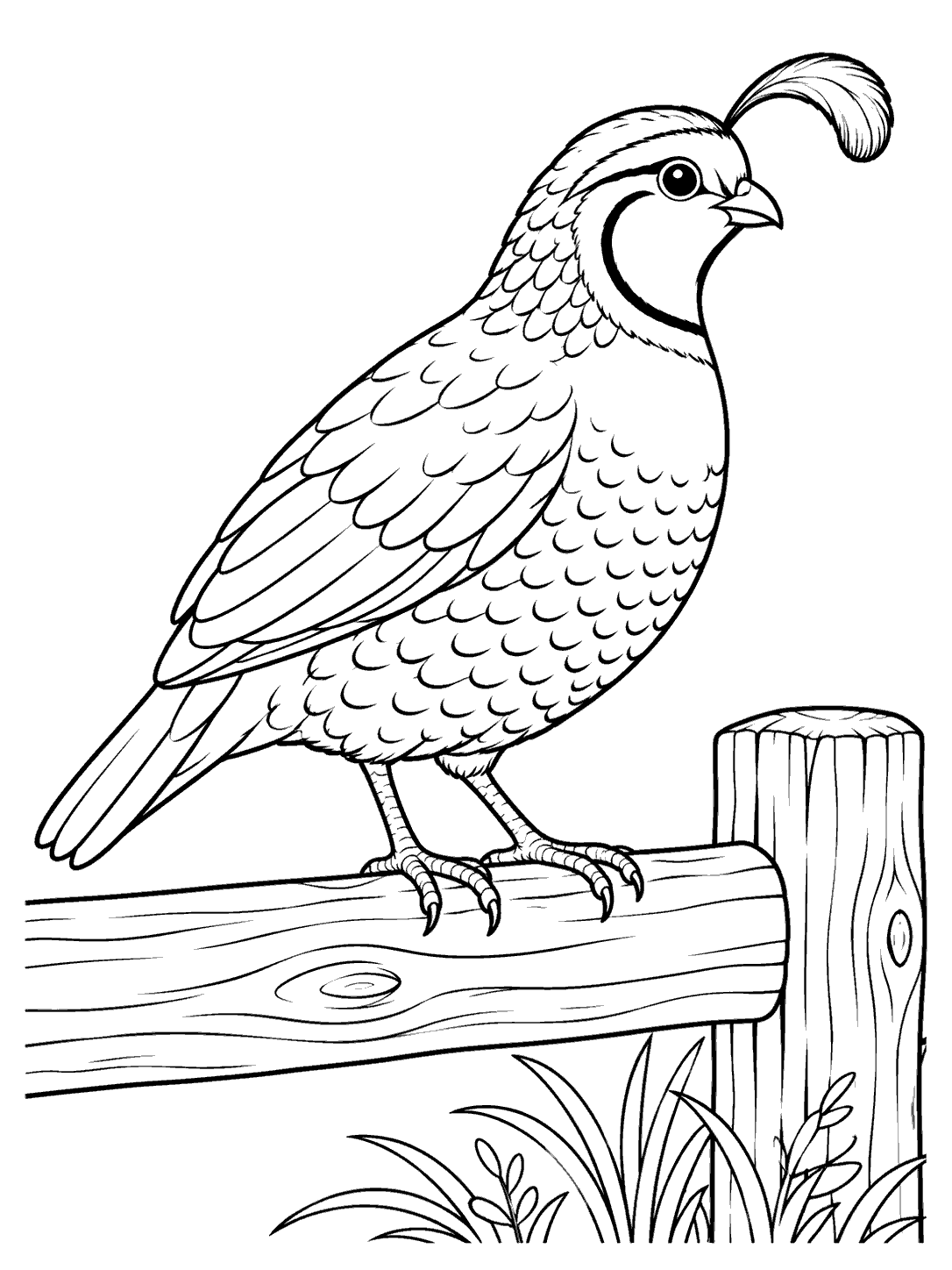 Black-outline coloring page of a quail perched on a wooden fence rail, with a fence post and grass below.