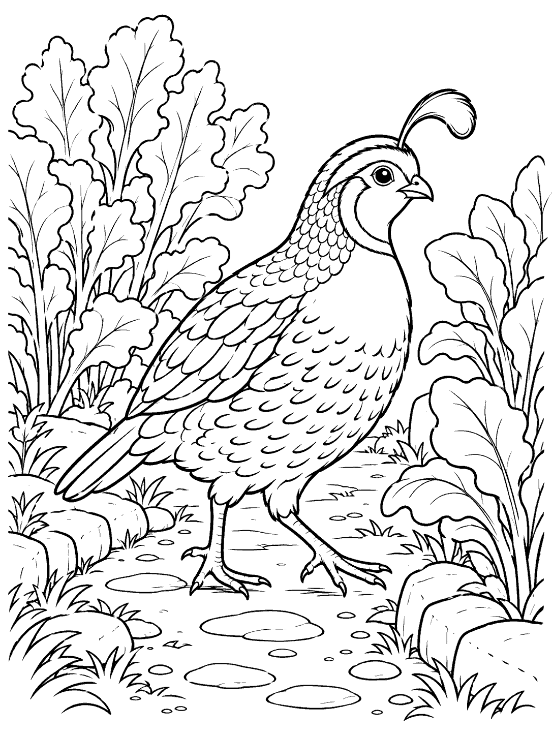 Black-outline coloring page of a quail walking on a stone path between leafy garden plants.