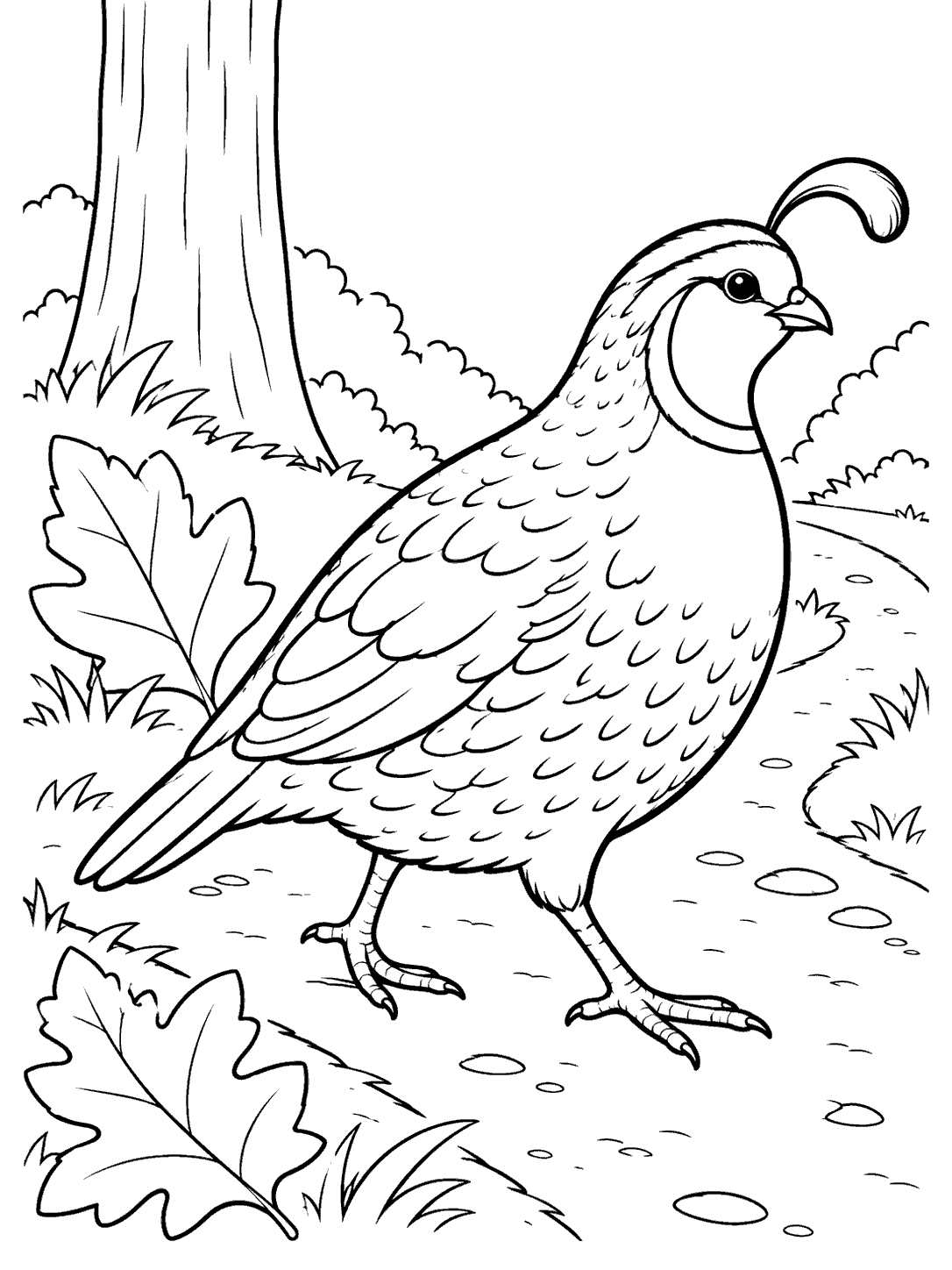Quail walking along a winding woodland path with leaves and a tree trunk