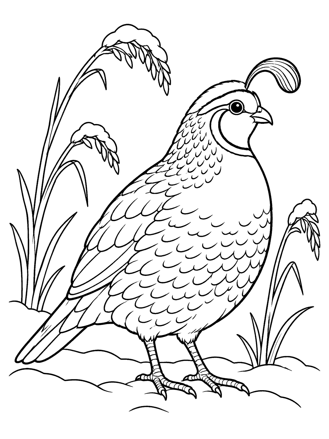 Black-outline quail with a distinct head plume among three snow-capped grass stems, with open areas for coloring.