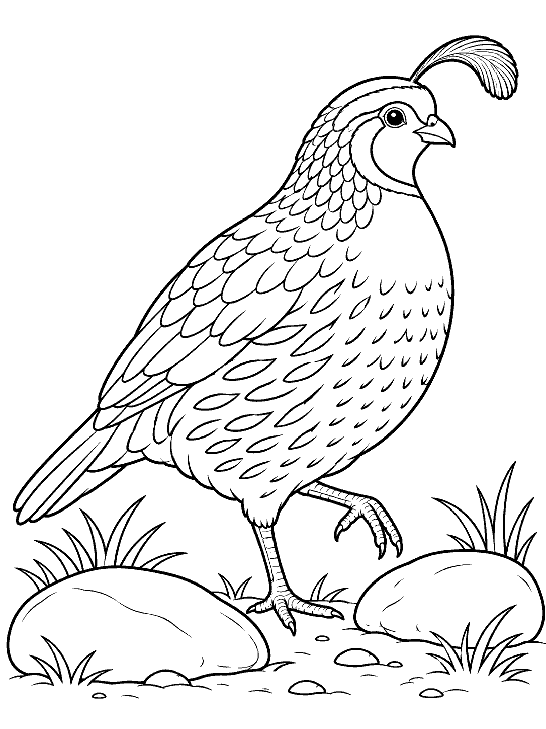 Black-outline quail stepping beside two smooth stones, with one foot raised and grass around the stones.
