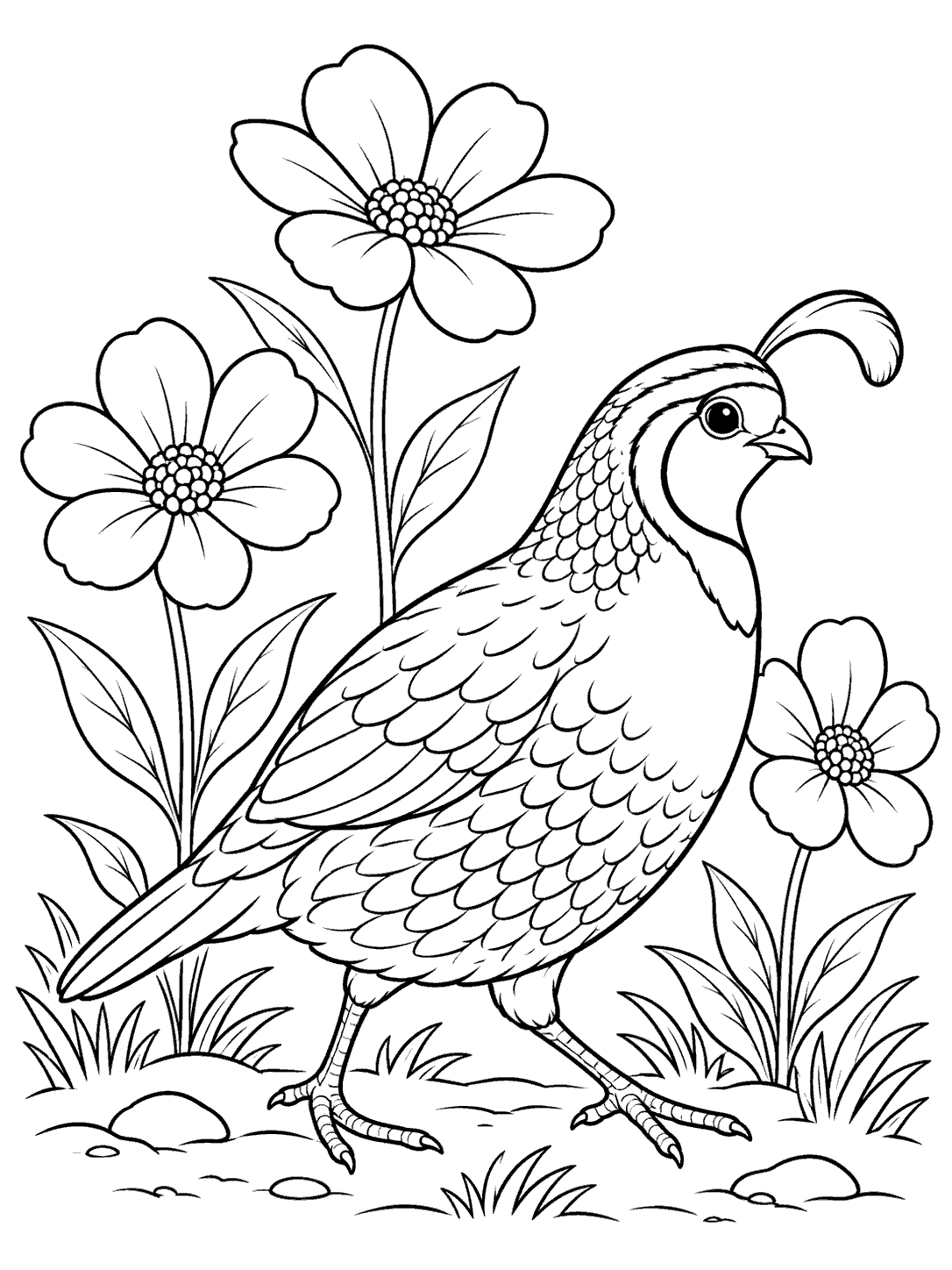 A detailed quail walking between three simple flowers, surrounded by grasses and leaves.