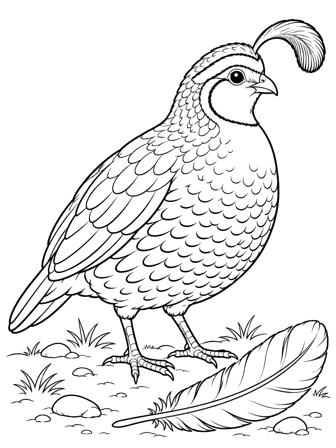 A detailed quail stands beside one large fallen feather on the ground.