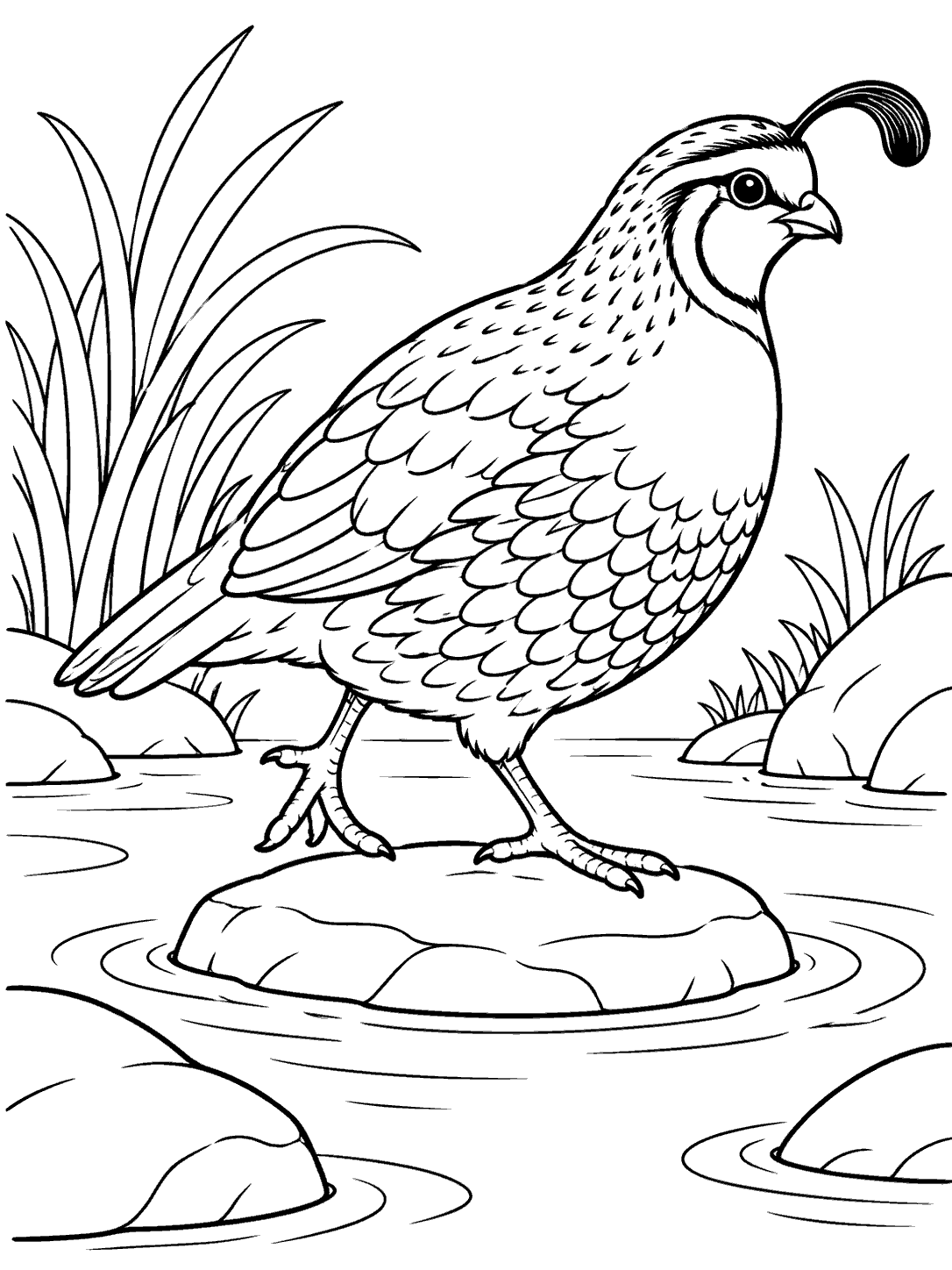 Quail stepping across a narrow stream on a broad flat stone