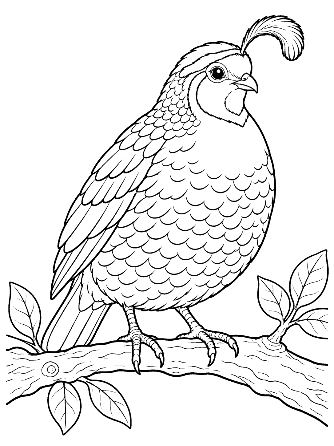 Black-outline coloring page of a large quail with a prominent head plume perched on a leafy branch, facing slightly to the side with both feet gripping the branch.
