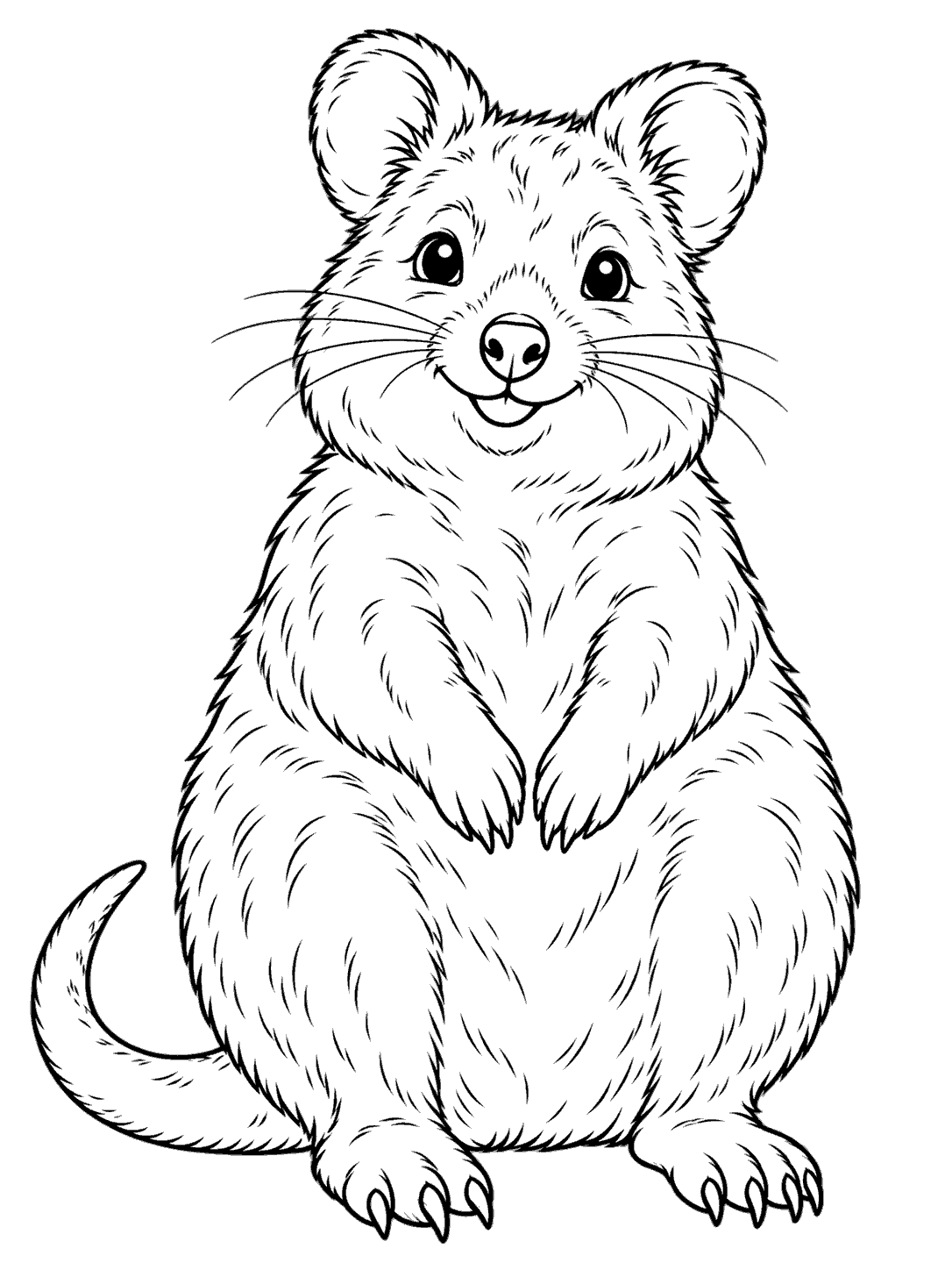 Black-outline coloring page of a smiling quokka sitting upright, with rounded ears, whiskers, paws on its belly, and a curled tail.