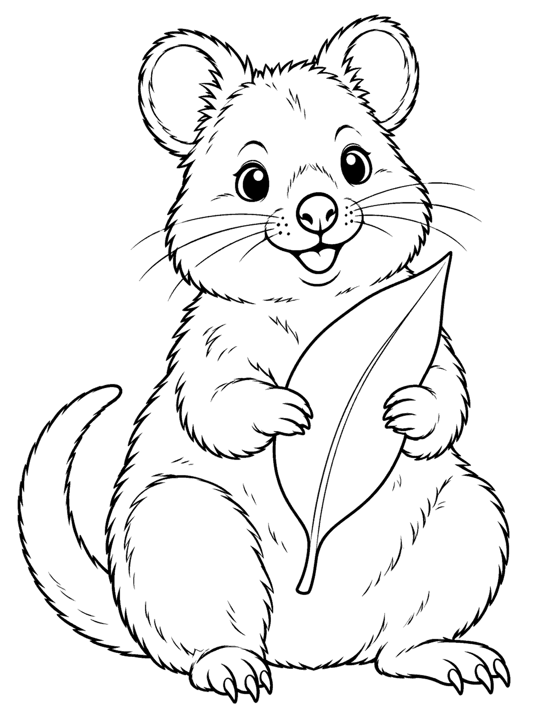 Seated quokka with rounded ears, whiskers, and a curved tail holding a broad leaf in black line art.