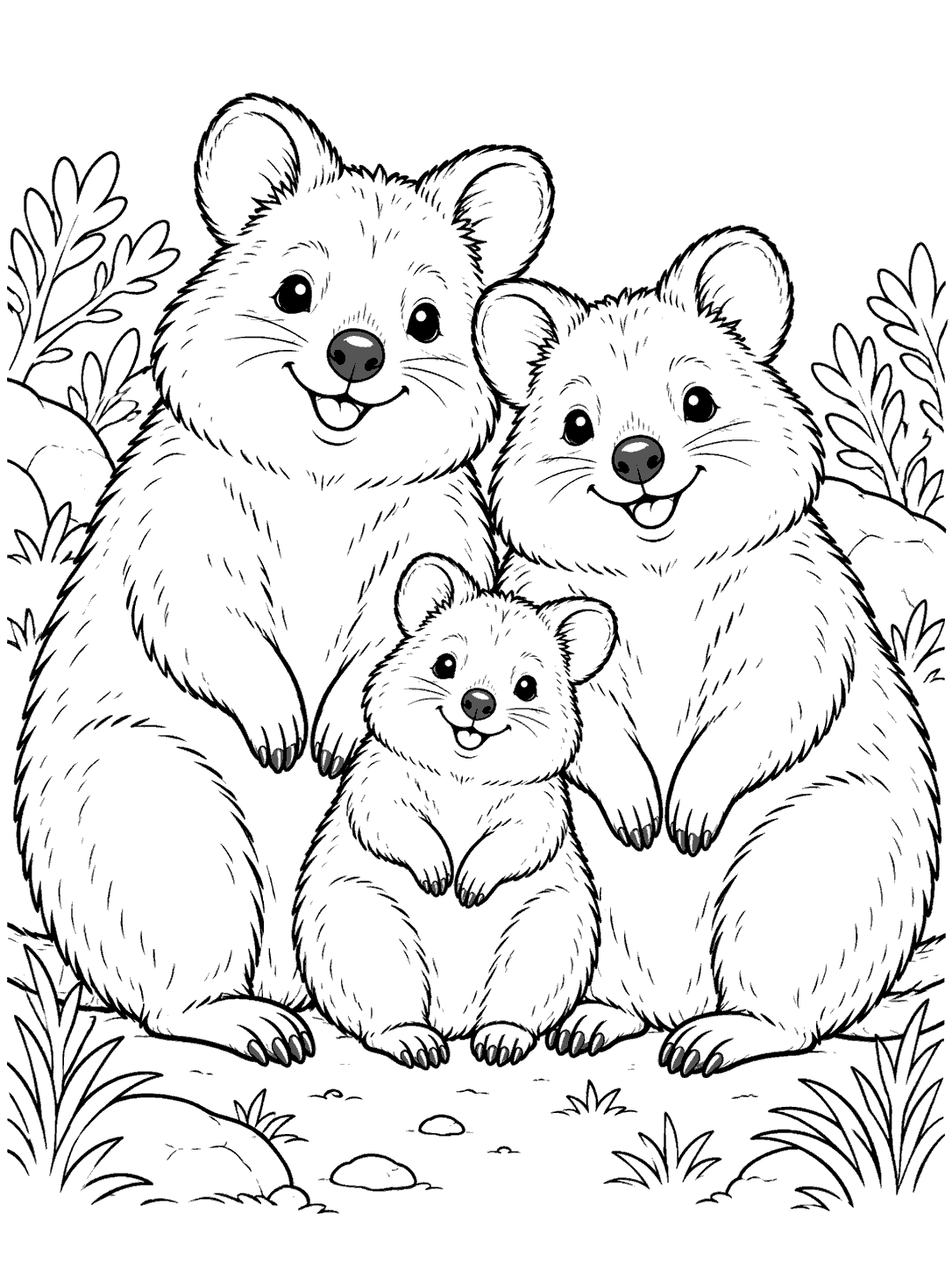 Two smiling adult quokkas and a small joey sitting together among simple plants and rocks in a black-and-white coloring page.
