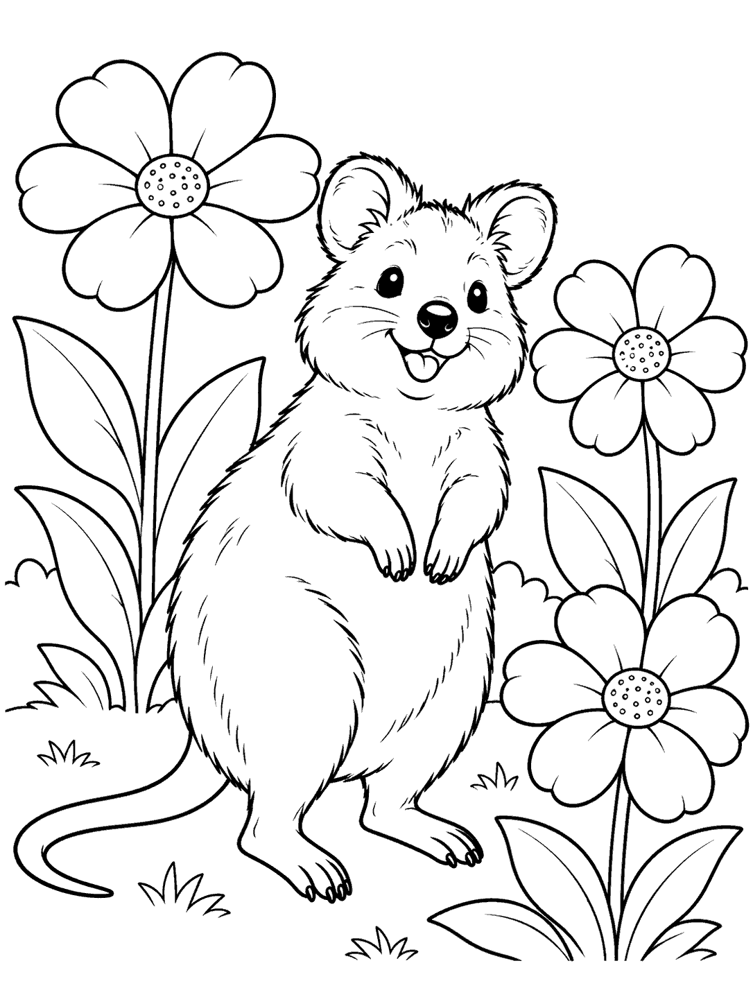 A smiling quokka with rounded ears and a long tail stands among three large flowers and broad leaves in a black-outline coloring page.