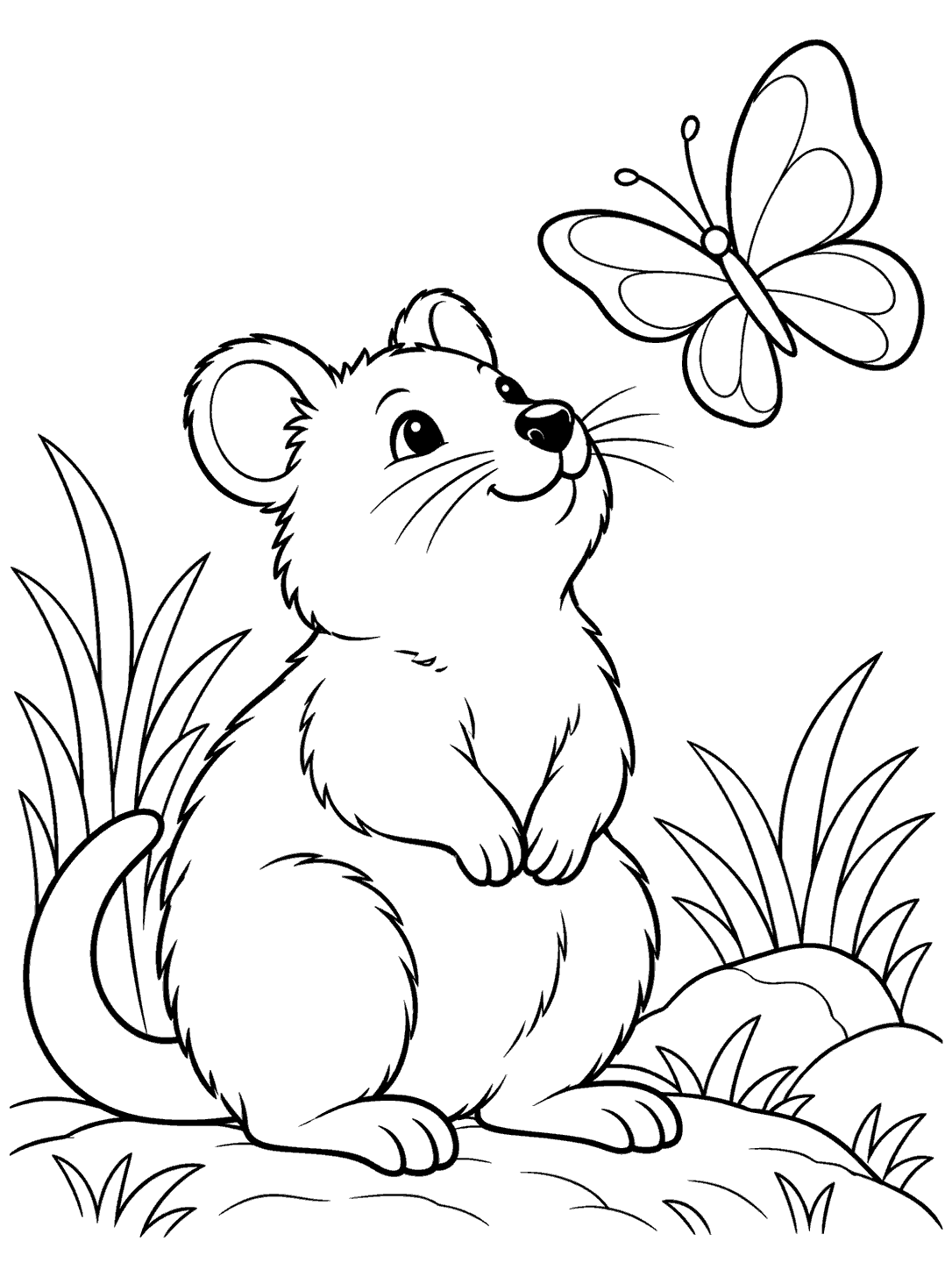 A seated quokka with a curled tail looks up at a large butterfly in a black-and-white coloring page.