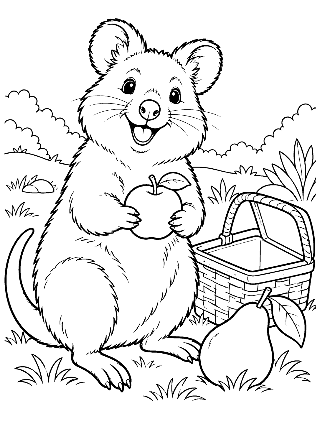 A seated, smiling quokka holds an apple beside an open picnic basket and a pear, with a curved tail and rounded ears, in black line art.