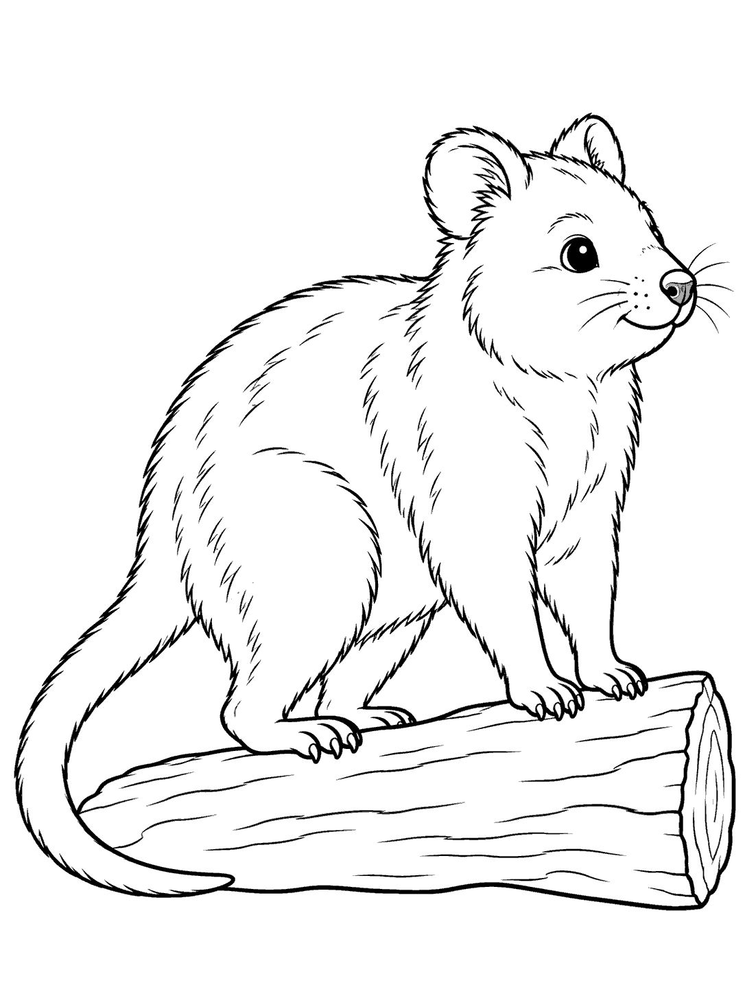 Black-and-white line art of a quokka standing on a log, ready to color.