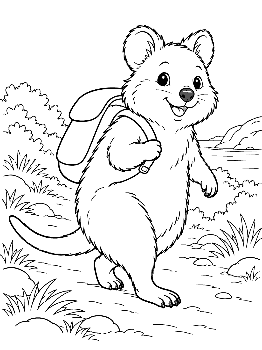 Smiling quokka walking with a simple backpack along a leafy waterside trail, in a black-and-white coloring page.