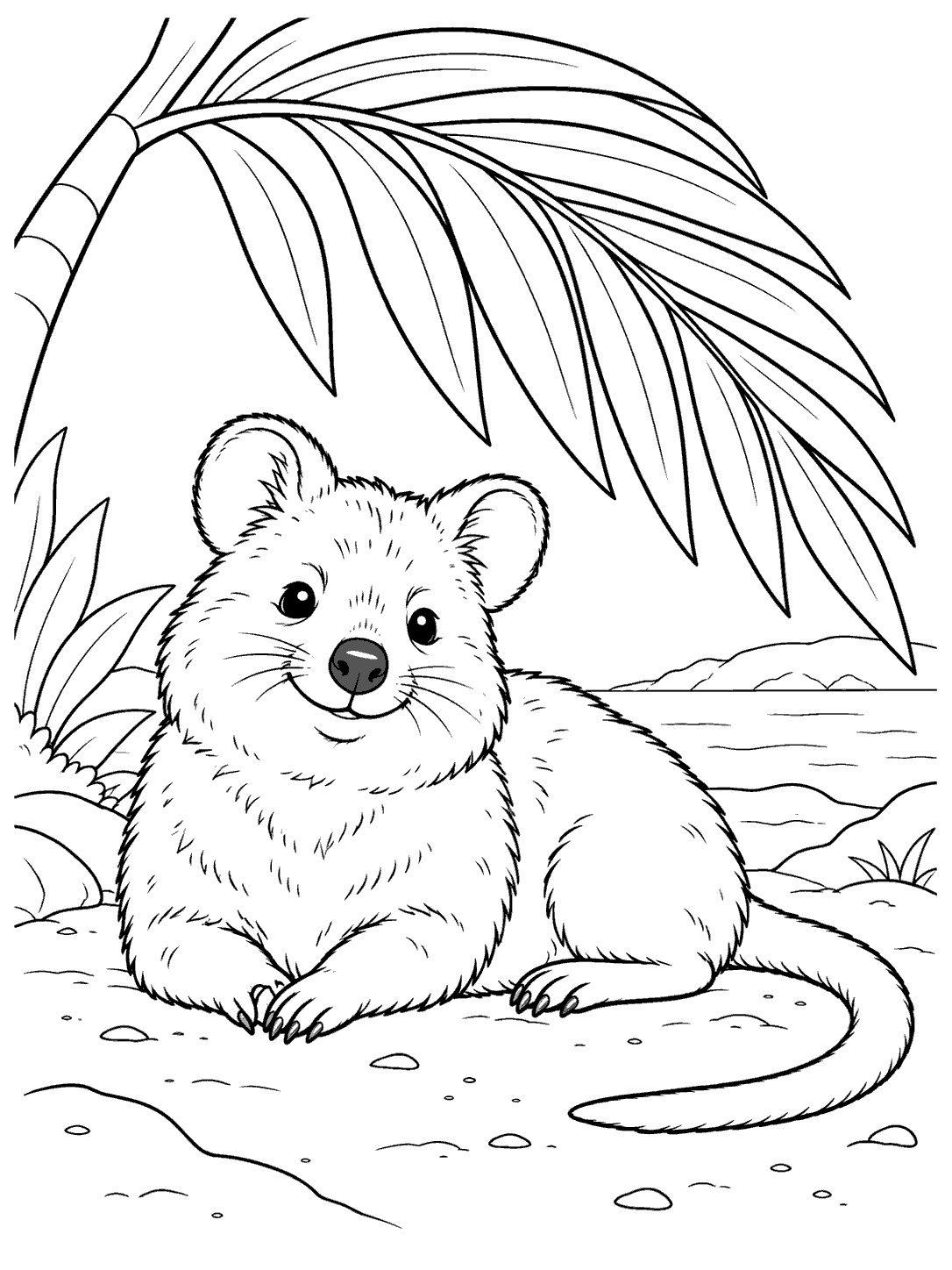 Black line art of a resting quokka with a curled tail beneath a broad palm frond, with a simple shoreline behind it.