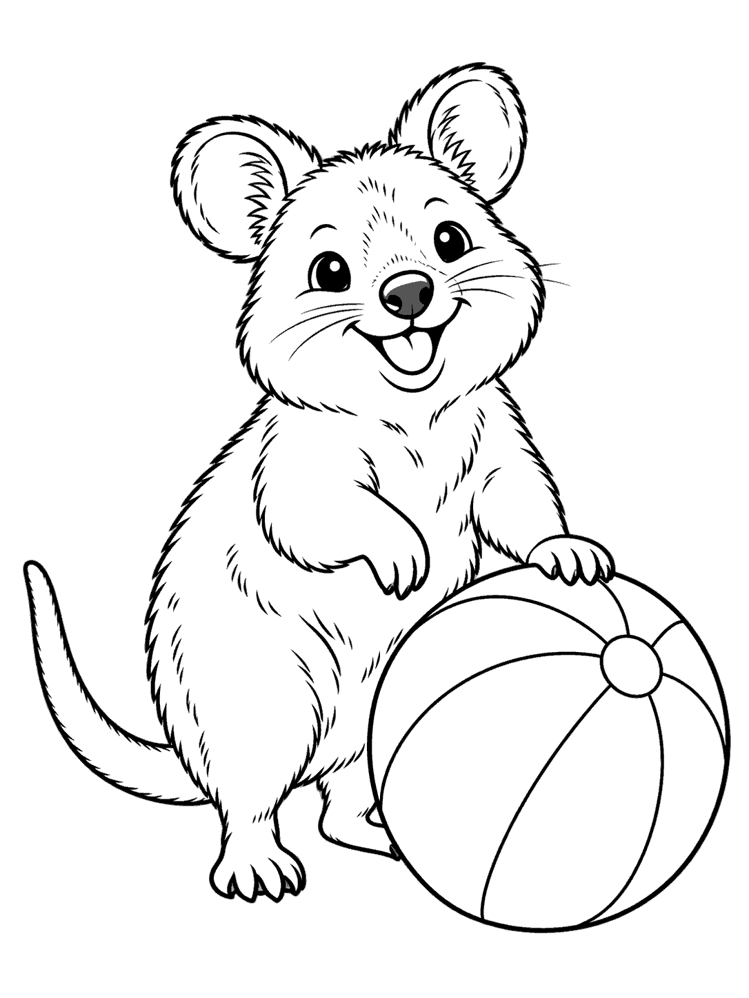 A smiling quokka standing beside and touching a beach ball in a black-and-white coloring page.