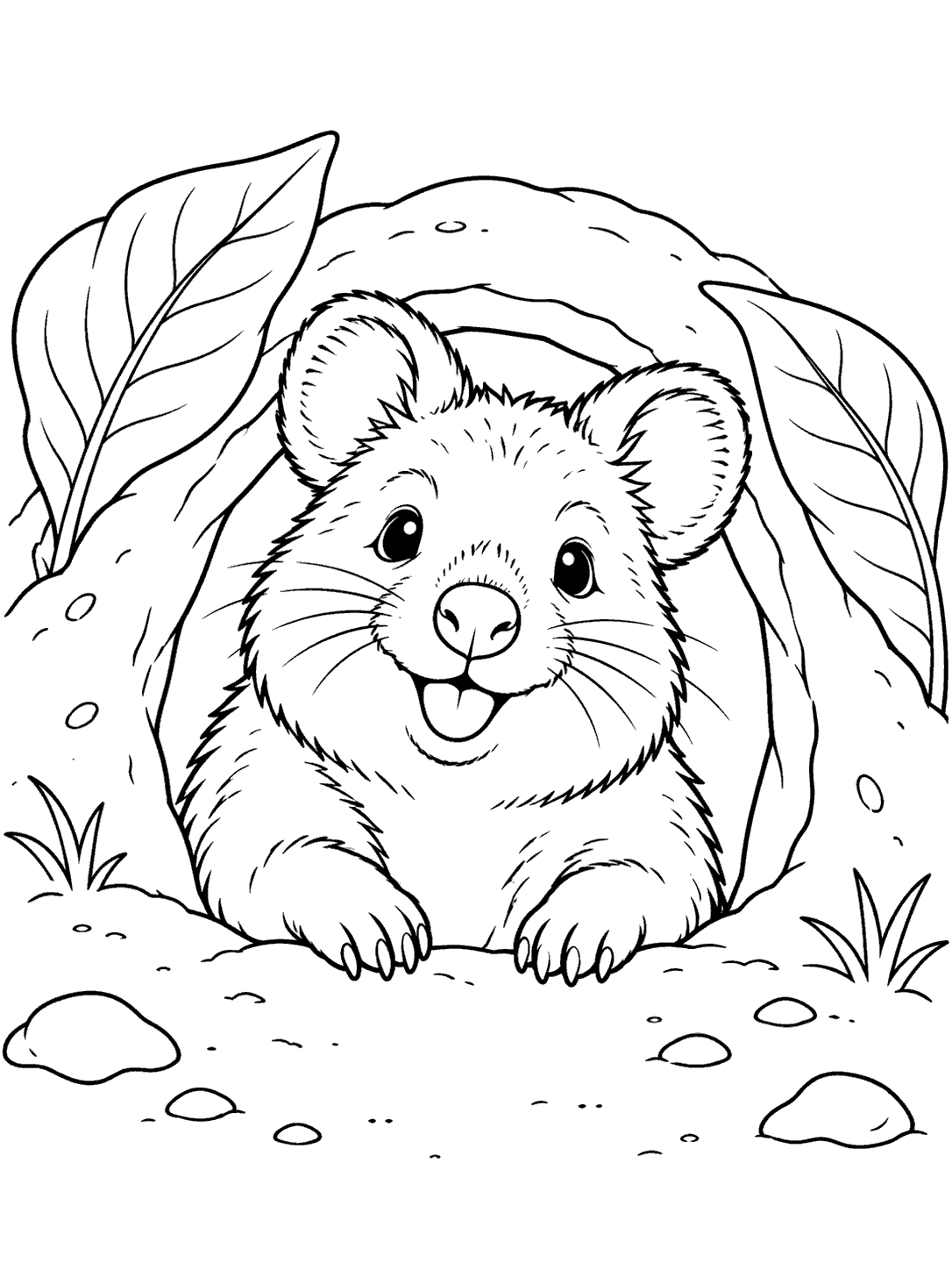 A smiling quokka with rounded ears and visible front paws peeks from a broad burrow opening framed by leaves and a low mound.