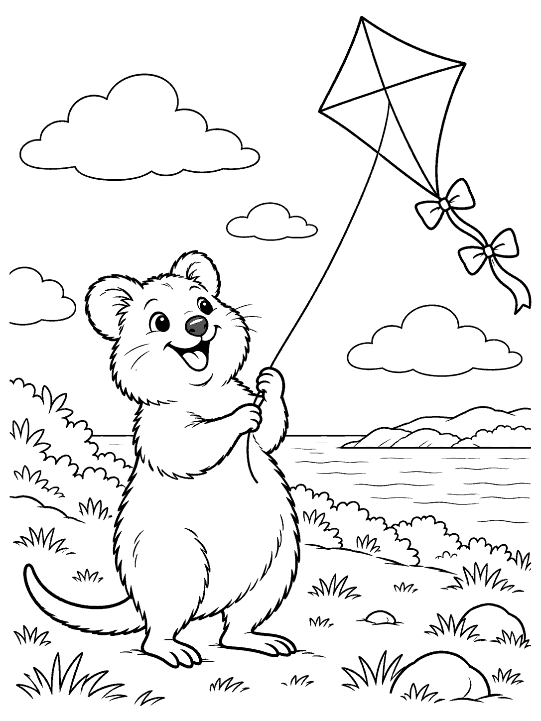 Standing quokka holding a kite string, with its full tail visible, beneath a diamond kite with two bows in an outdoor line-art scene.