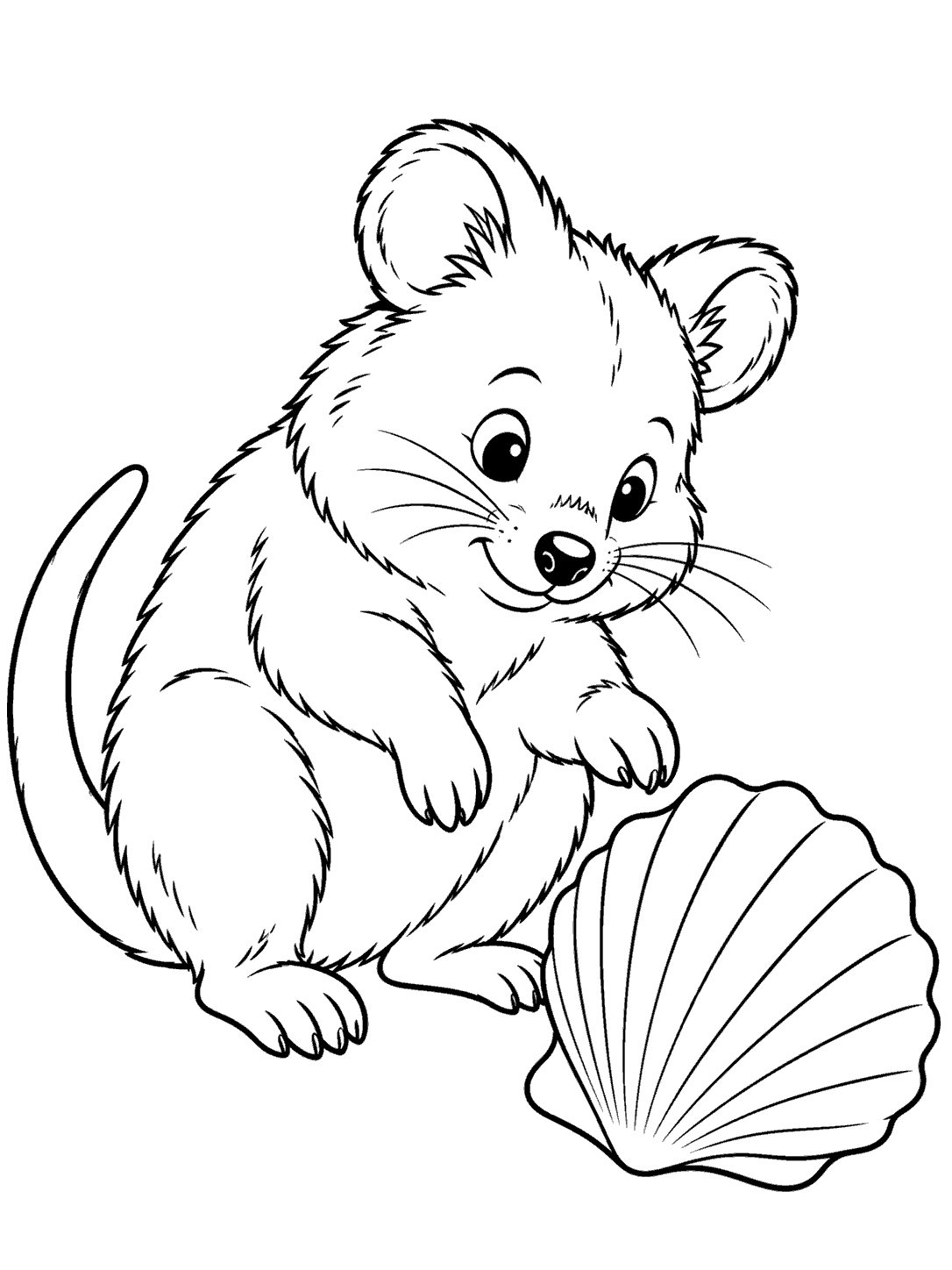 Black-and-white coloring page showing a seated quokka examining a large scallop shell with broad radiating ridges.